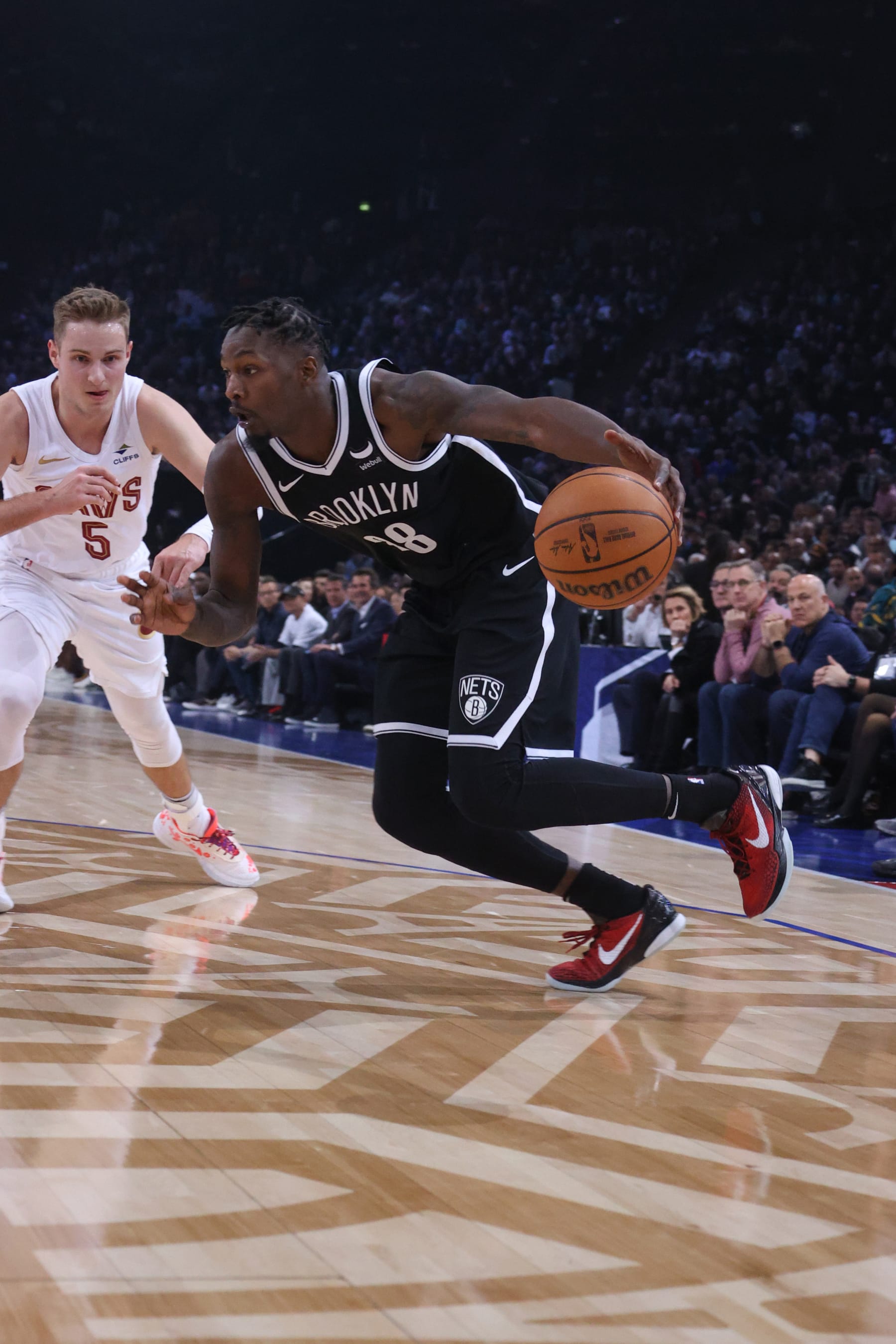 PARIS, FRANCE - JANUARY 11: Dorian Finney-Smith #28 of the Brooklyn Nets goes to the basket during the game on January 11, 2024 at The Accor Arena in Paris, France. NOTE TO USER: User expressly acknowledges and agrees that, by downloading and or using this Photograph, user is consenting to the terms and conditions of the Getty Images License Agreement. Mandatory Copyright Notice: Copyright 2024 NBAE (Photo by Nathaniel S. Butler/NBAE via Getty Images)