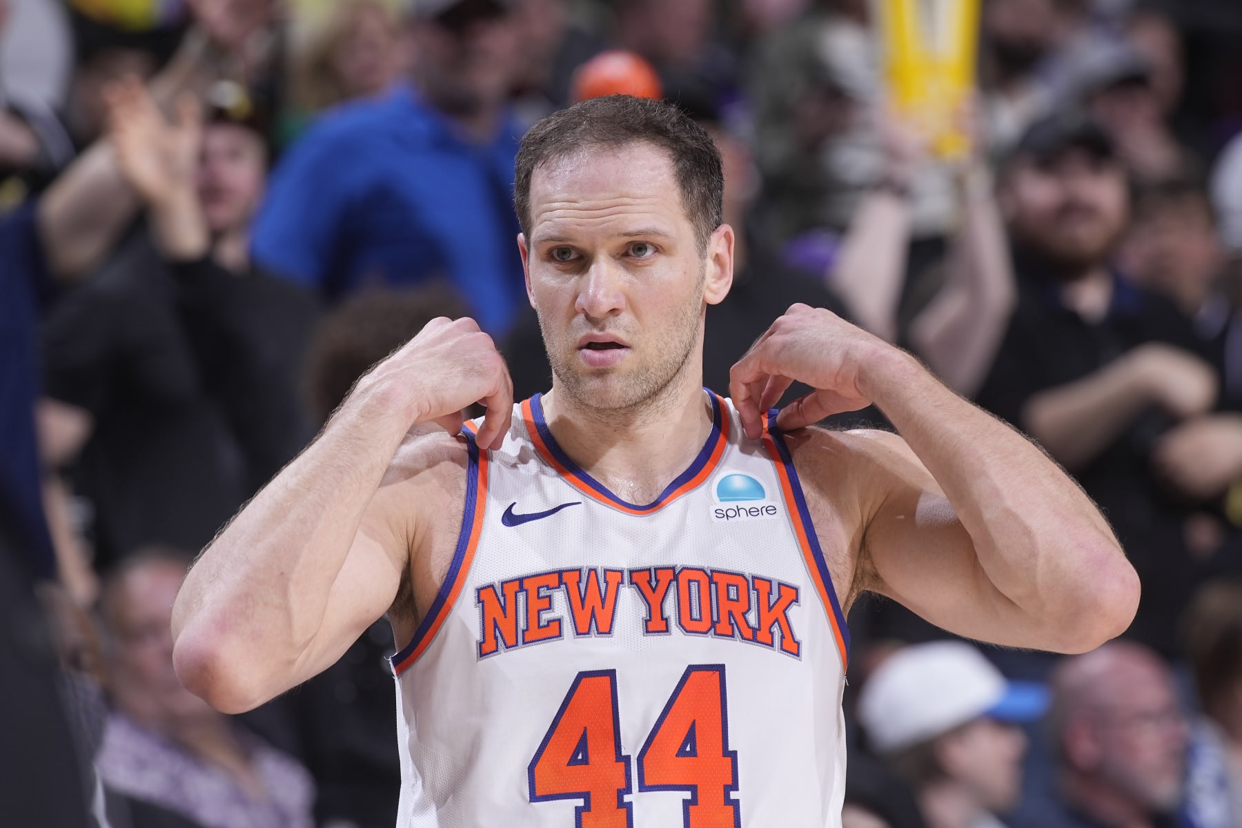 SACRAMENTO, CA - MARCH 16: Bojan Bogdanovic #44 of the New York Knicks looks on during the game against the Sacramento Kings on March 16, 2024 at Golden 1 Center in Sacramento, California. NOTE TO USER: User expressly acknowledges and agrees that, by downloading and or using this photograph, User is consenting to the terms and conditions of the Getty Images Agreement. Mandatory Copyright Notice: Copyright 2024 NBAE (Photo by Rocky Widner/NBAE via Getty Images)