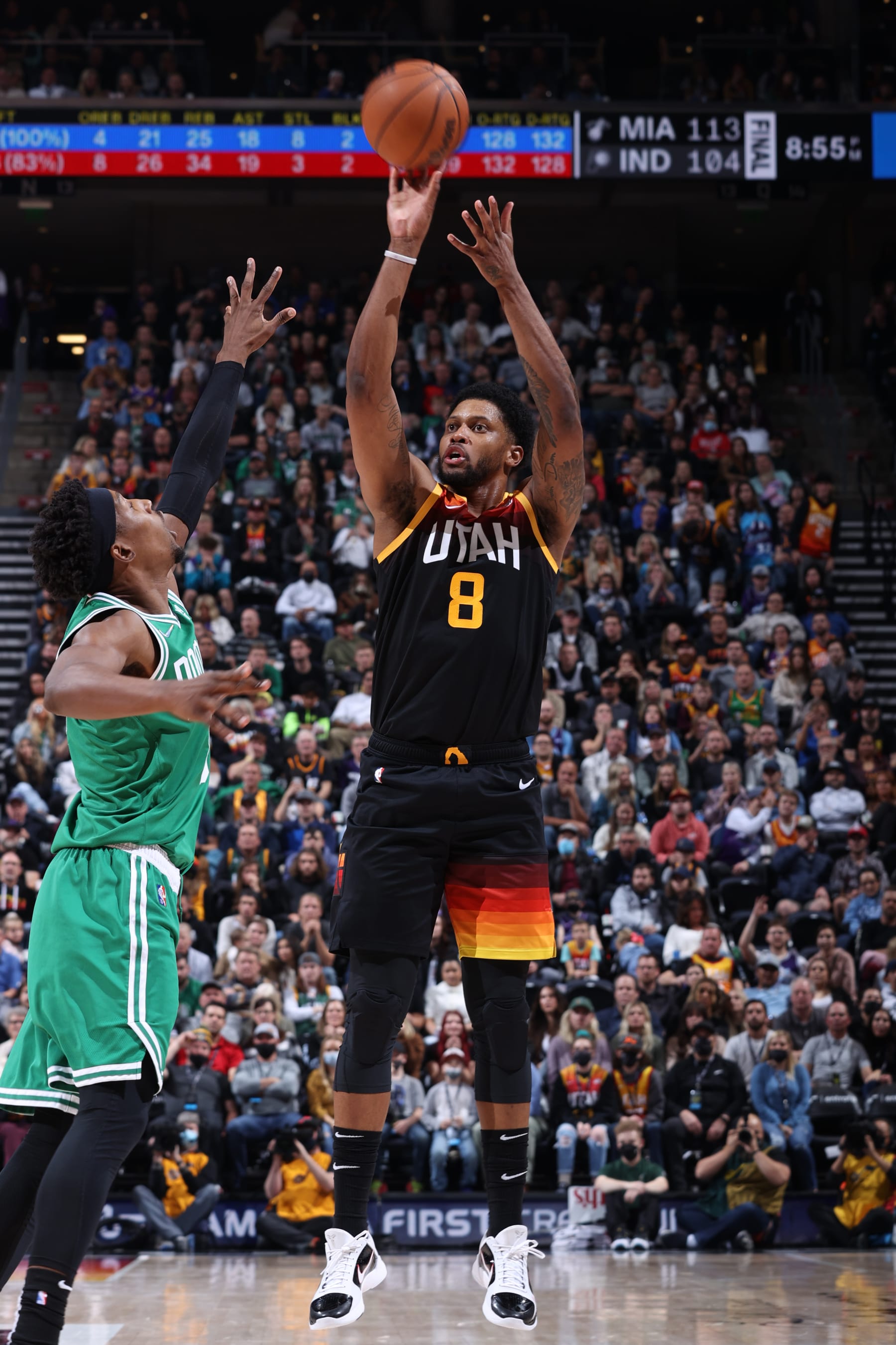 SALT LAKE CITY, UT - DECEMBER 3: Rudy Gay #8 of the Utah Jazz shoots the ball during the game against the Boston Celtics on December 3, 2021 at Vivint Smart Home Arena in Salt Lake City, Utah. NOTE TO USER: User expressly acknowledges and agrees that, by downloading and or using this Photograph, User is consenting to the terms and conditions of the Getty Images License Agreement. Mandatory Copyright Notice: Copyright 2021 NBAE (Photo by Melissa Majchrzak/NBAE via Getty Images)