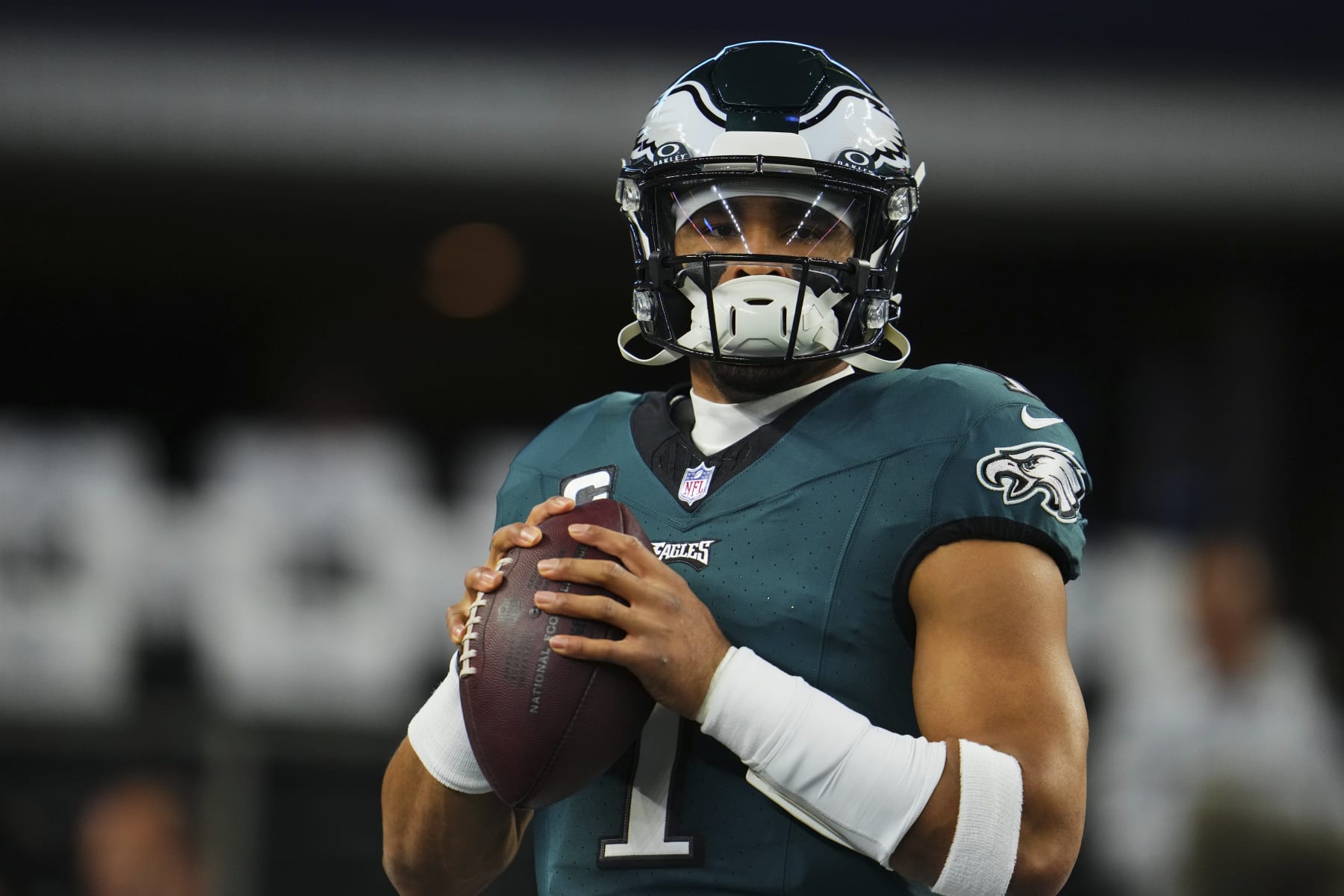 ARLINGTON, TX - DECEMBER 10: Jalen Hurts #1 of the Philadelphia Eagles warms up before kickoff against the Dallas Cowboys at AT&T Stadium on December 10, 2023 in Arlington, Texas. (Photo by Cooper Neill/Getty Images)