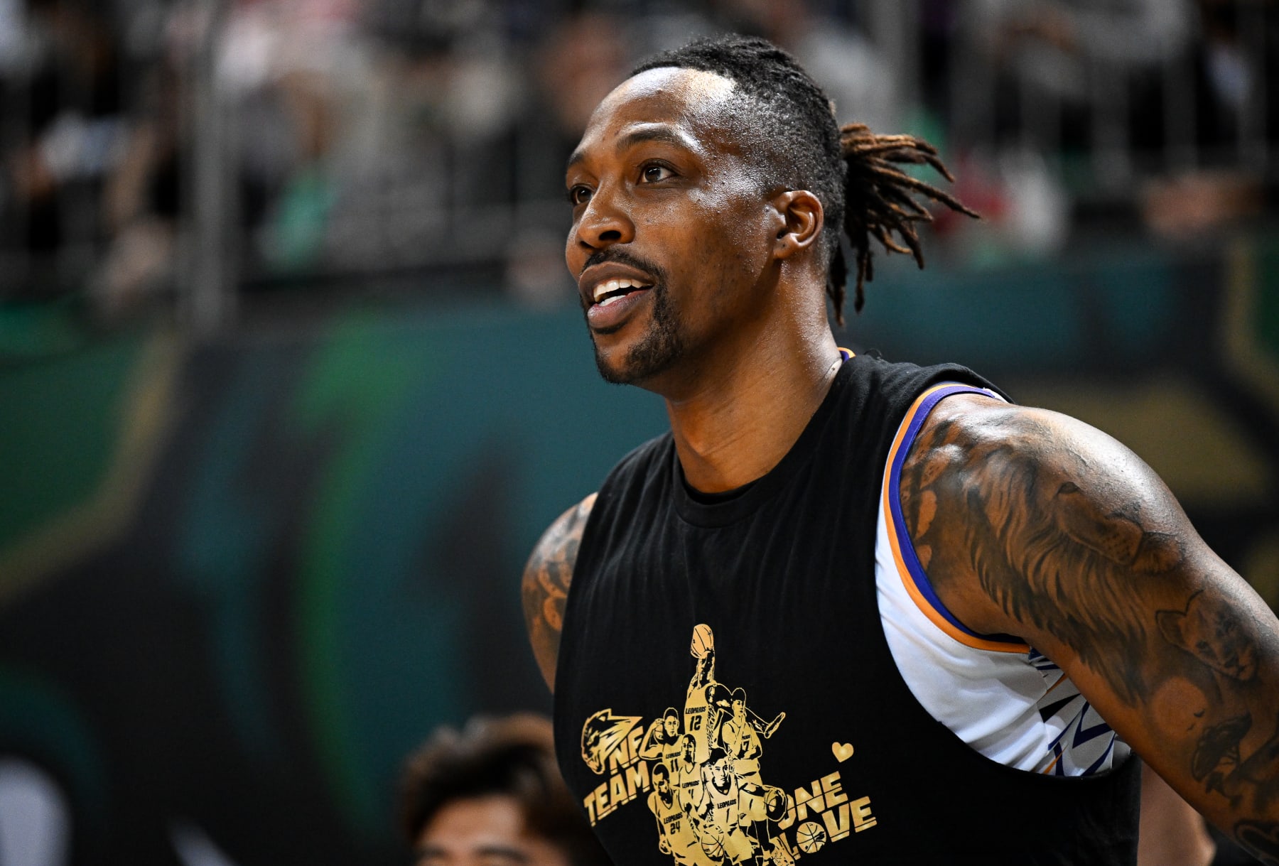 TAIPEI, TAIWAN - FEBRUARY 19: Center Dwight Howard #12 of the Taoyuan Leopards reacts at the court during the T1 League game between TaiwanBeer HeroBears and Taoyuan Leopards at University of Taipei Tianmu Gymnasium on February 19, 2023 in Taipei, Taiwan. (Photo by Gene Wang/Getty Images)
