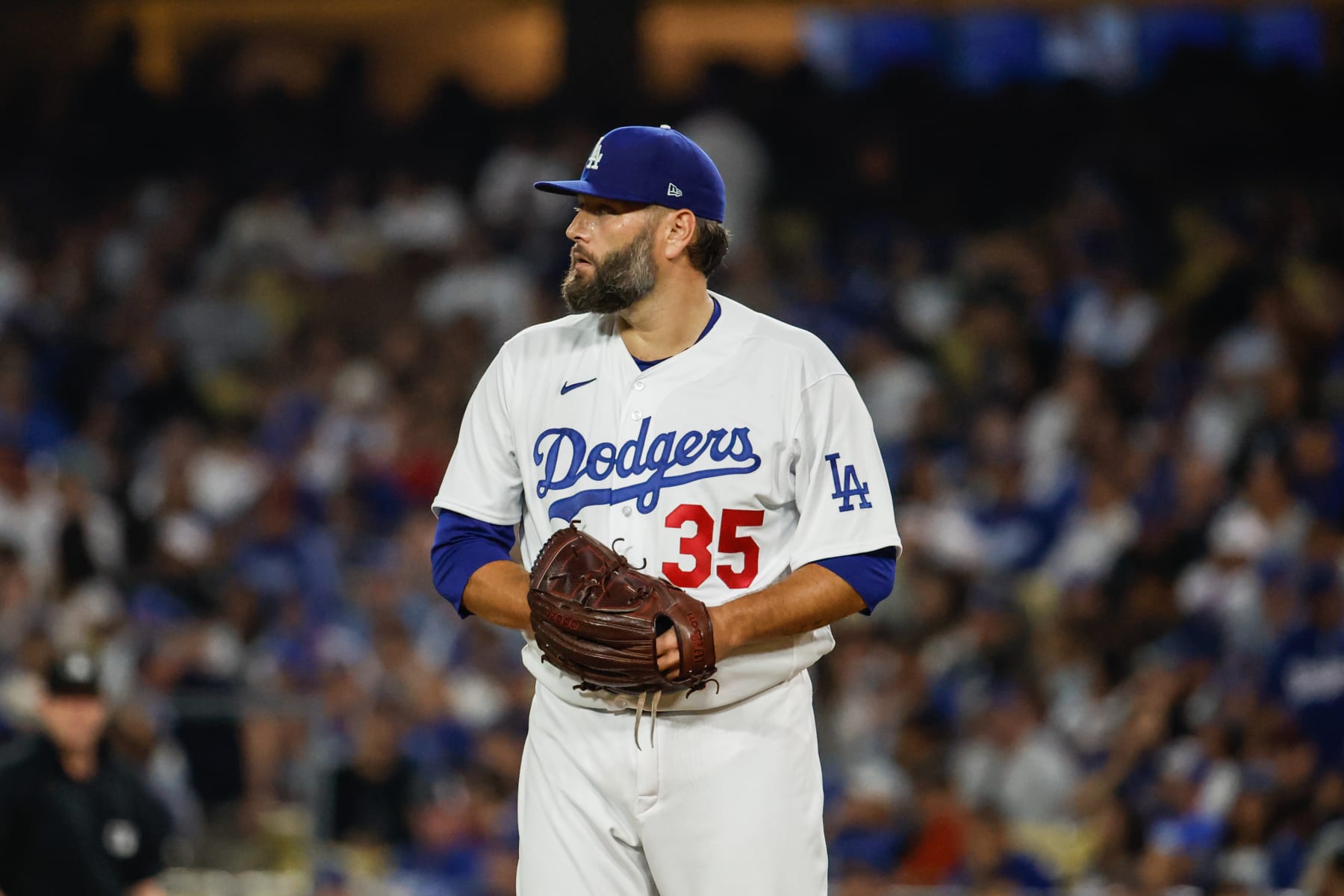 Los Angeles, CA - August 11: Lance Lynn, 35, pitches against the Rockies after the Dodgers retire the number 34 in honor of pitcher Fernando Valenzuela on Friday, Aug. 11, 2023 in Los Angeles, CA. (Jason Armond / Los Angeles Times via Getty Images)