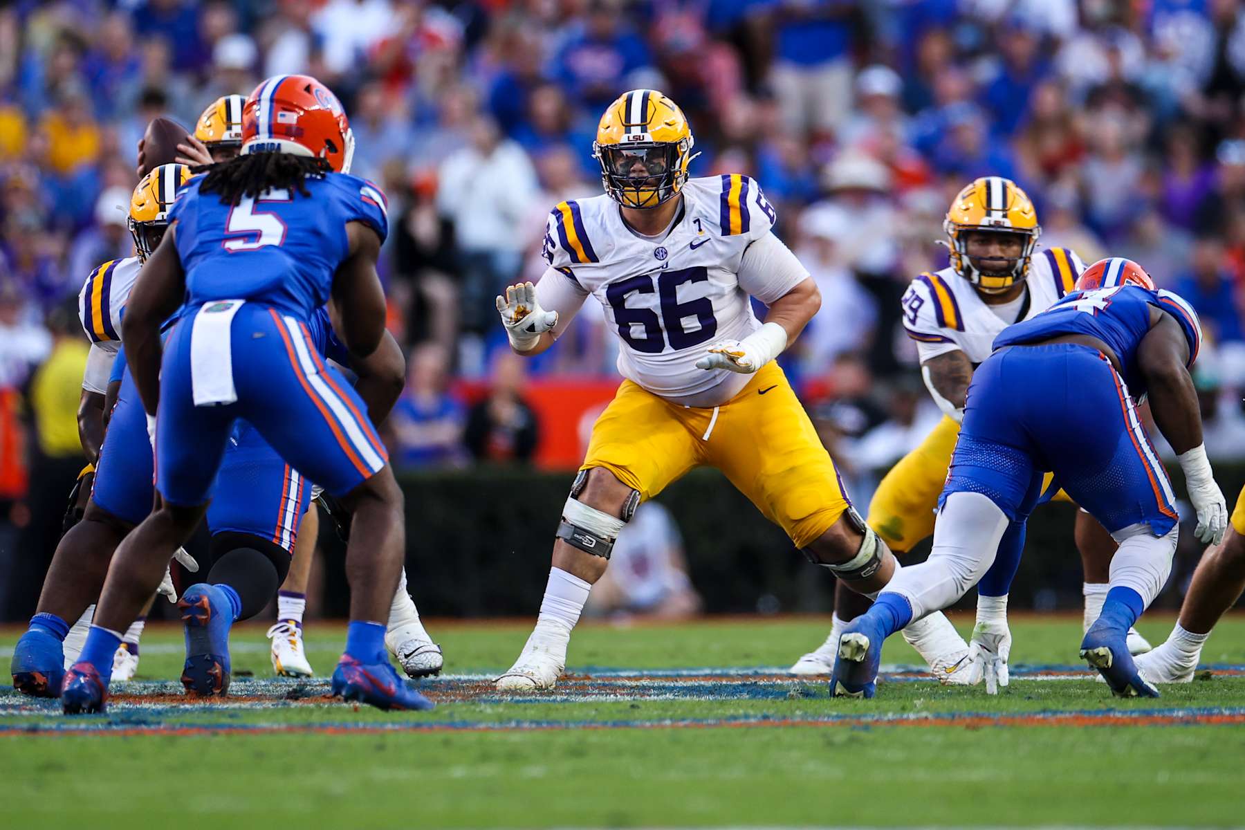 GAINESVILLE, FLORIDA - NOVEMBER 16: Will Campbell #66 of the LSU Tigers blocks during the 1st half of a game against the Florida Gators at Ben Hill Griffin Stadium on November 16, 2024 in Gainesville, Florida. (Photo by James Gilbert/Getty Images)