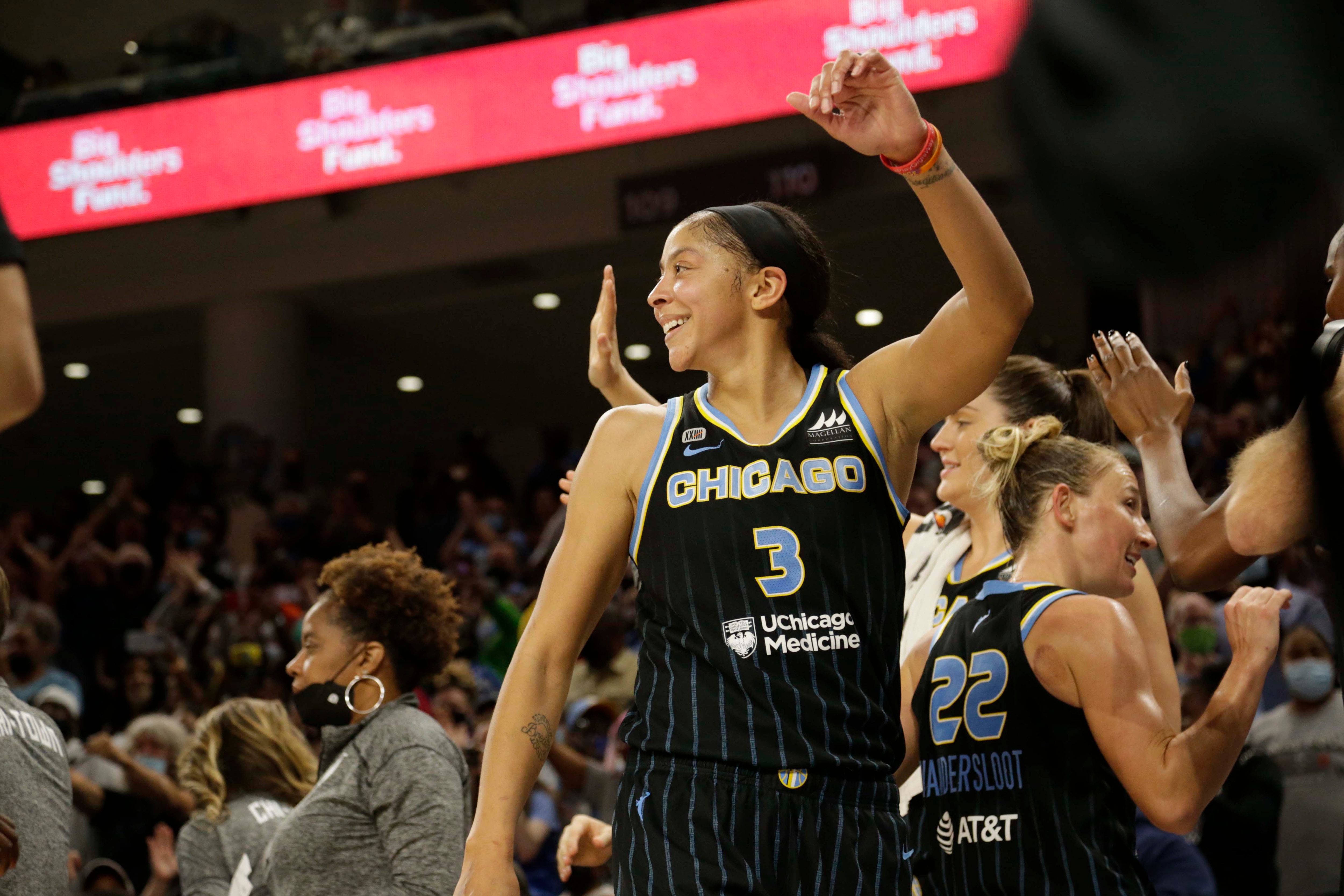 CHICAGO, IL - OCTOBER 6:  Candace Parker #3 of the Chicago Sky smiles during the game against the Connecticut Sun during Game 4 of the 2021 WNBA Semifinals on October 6, 2021 at the Wintrust Arena in Chicago, Illinois. NOTE TO USER: User expressly acknowledges and agrees that, by downloading and or using this photograph, user is consenting to the terms and conditions of the Getty Images License Agreement.  Mandatory Copyright Notice: Copyright 2021 NBAE (Photo by Kena Krutsinger/NBAE via Getty Images)