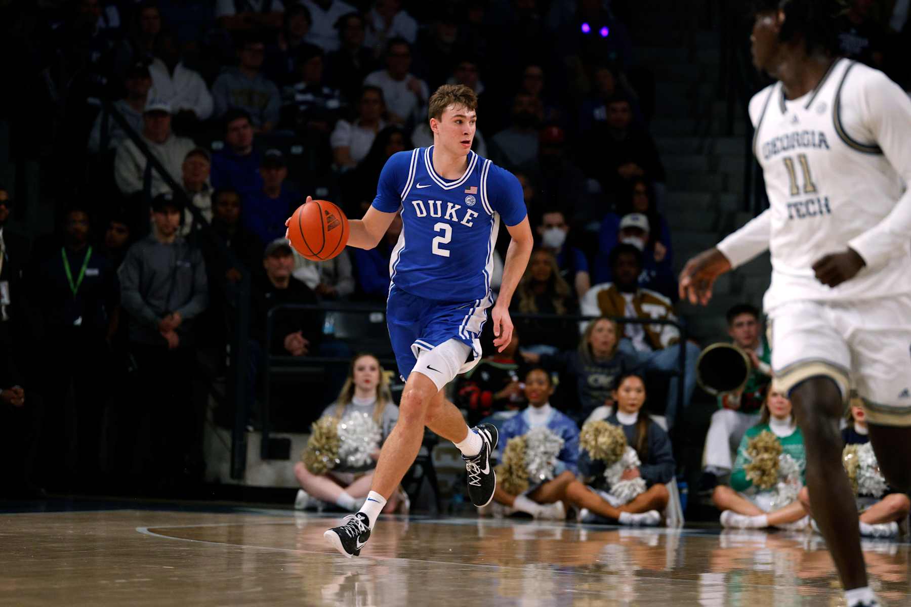 ATLANTA, GEORGIA - DECEMBER 21: Cooper Flagg #2 of the Duke Blue Devils dribbles up court against the Georgia Tech Yellow Jackets at McCamish Pavilion on December 21, 2024 in Atlanta, Georgia. (Photo by Lance King/Getty Images)