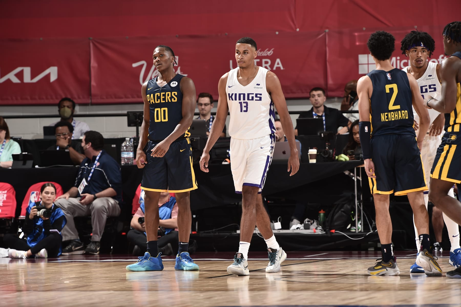 LAS VEGAS, NV - JULY 10: Bennedict Mathurin #0 of the Indiana Pacers and Keegan Murray #13 of the Sacramento Kings looks on during the 2022 Las Vegas Summer League on July 10, 2022 at the Cox Pavilion in Las Vegas, Nevada NOTE TO USER: User expressly acknowledges and agrees that, by downloading and/or using this Photograph, user is consenting to the terms and conditions of the Getty Images License Agreement. Mandatory Copyright Notice: Copyright 2022 NBAE (Photo by David Dow/NBAE via Getty Images)