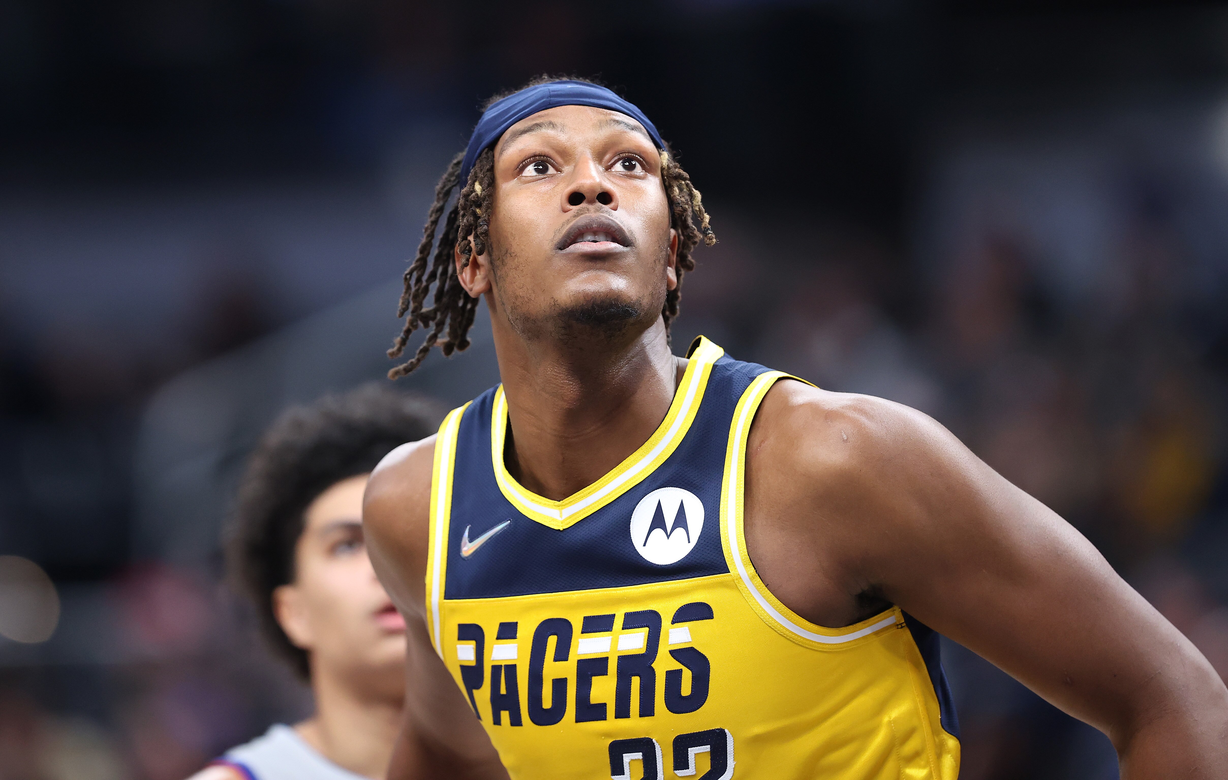 INDIANAPOLIS, INDIANA - DECEMBER 16: Myles Turner #33 of the  Indiana Pacers against the Detroit Pistons at Gainbridge Fieldhouse on December 16, 2021 in Indianapolis, Indiana.     NOTE TO USER: User expressly acknowledges and agrees that, by downloading and or using this Photograph, user is consenting to the terms and conditions of the Getty Images License Agreement.  (Photo by Andy Lyons/Getty Images)