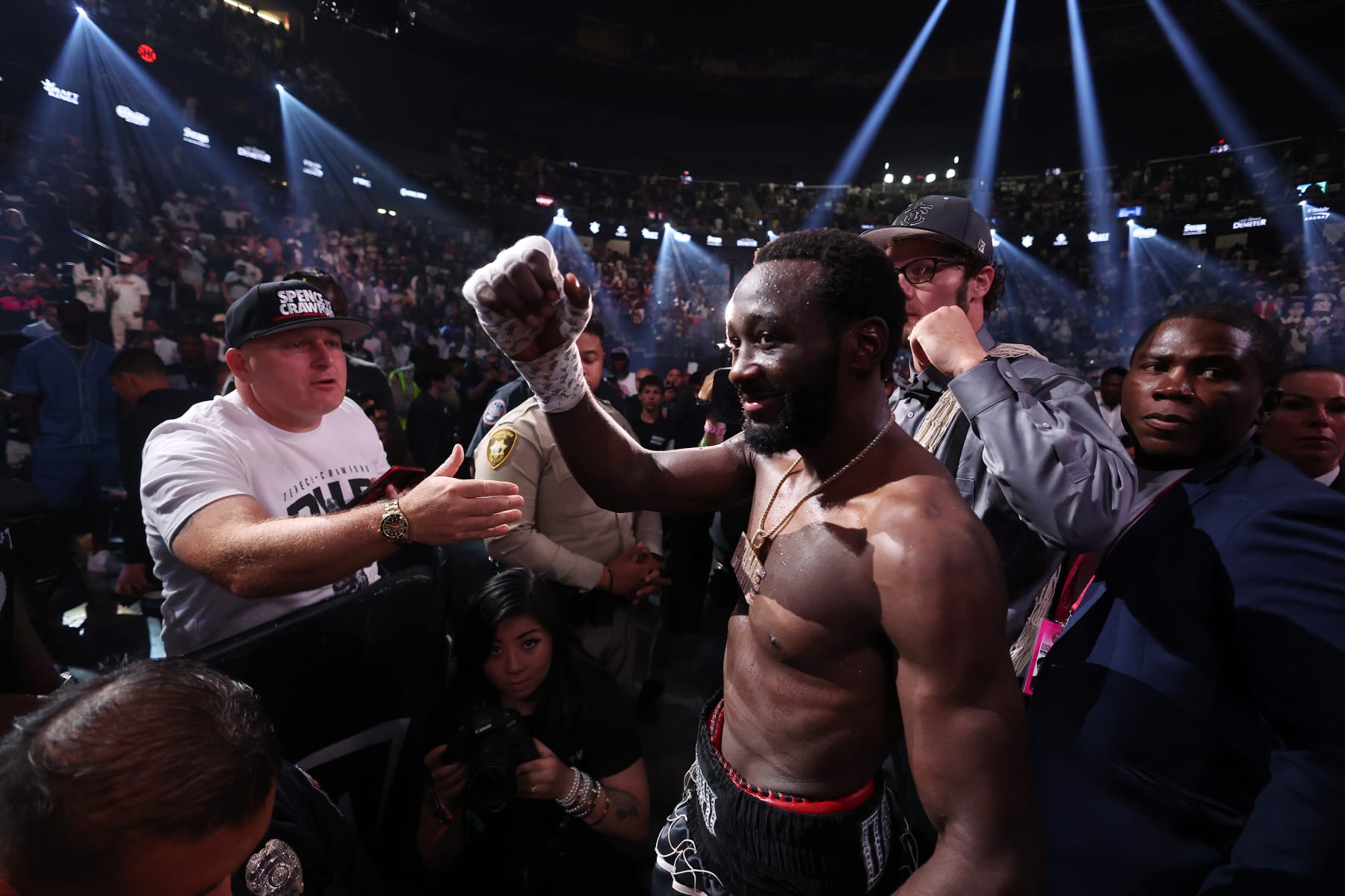 LAS VEGAS, NEVADA - JULY 29:  Terence Crawford celebrates after his 9th round TKO of Errol Spence Jr. after their fight for the undisputed world welterweight championship at T-Mobile Arena on July 29, 2023 in Las Vegas, Nevada. (Photo by Al Bello/Getty Images)