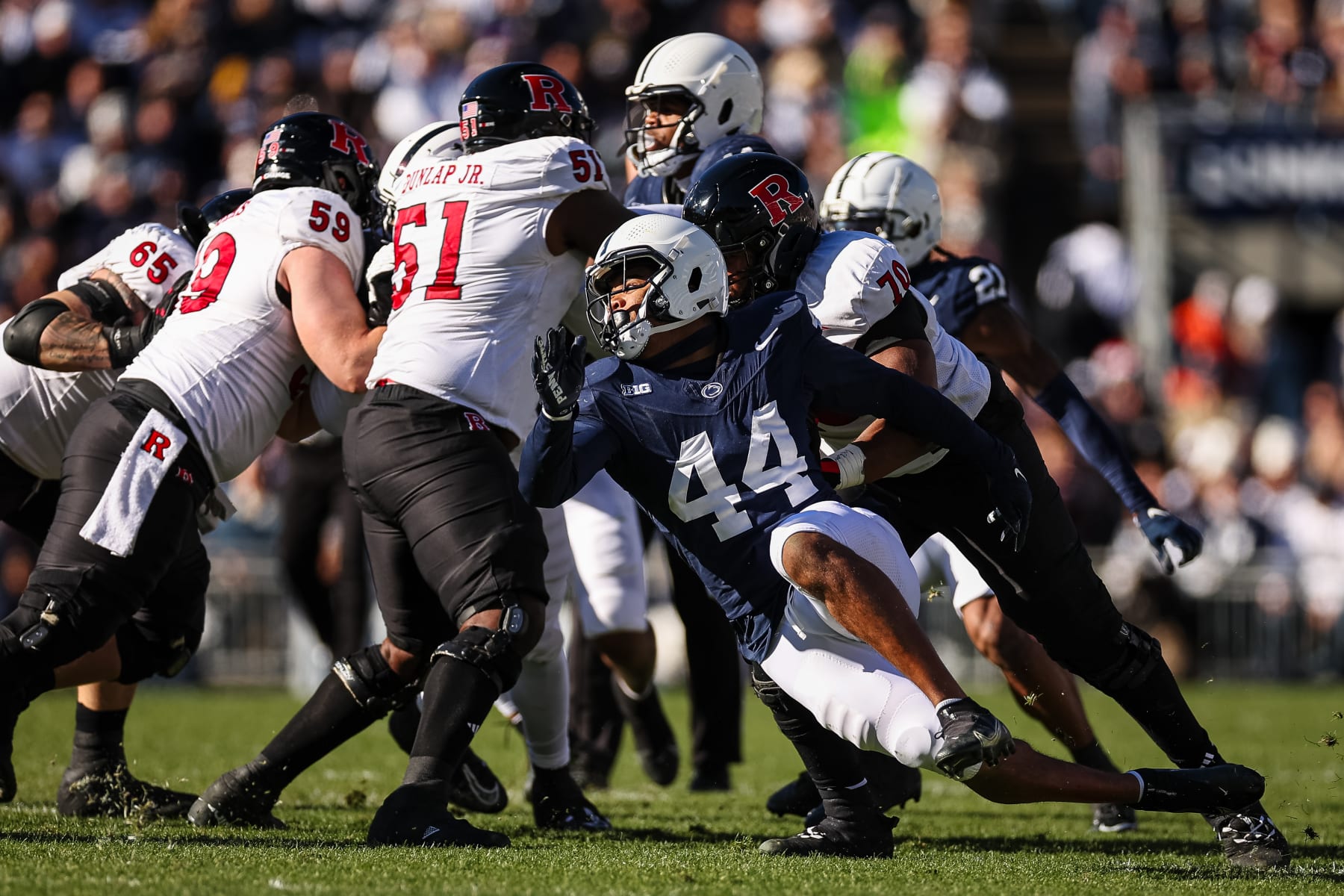 STATE COLLEGE, PA - NOVEMBER 18: Chop Robinson #44 of the Penn State Nittany Lions in action against the Rutgers Scarlet Knights during the first half at Beaver Stadium on November 18, 2023 in State College, Pennsylvania. (Photo by Scott Taetsch/Getty Images)