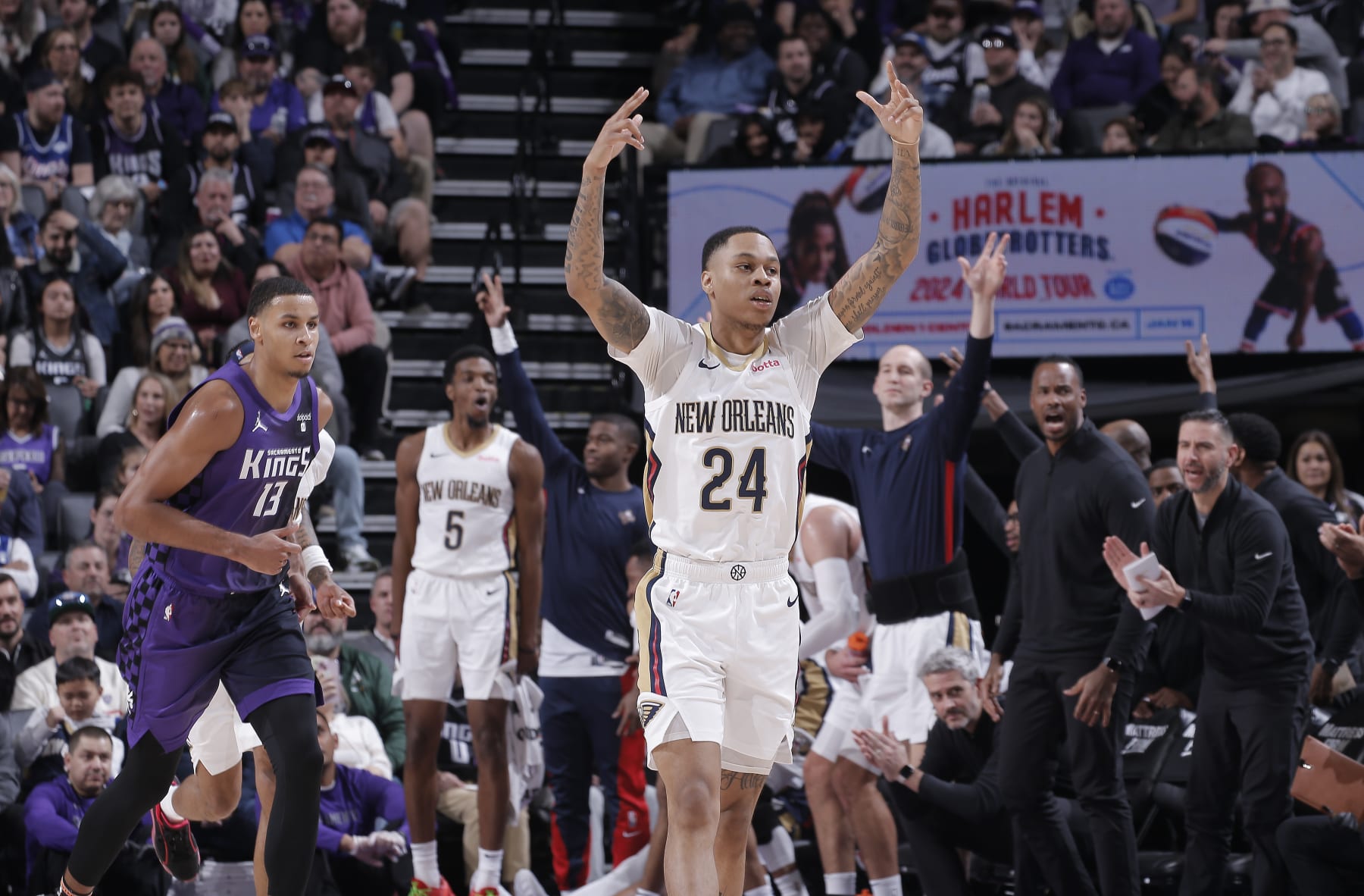 SACRAMENTO, CA - JANUARY 7: Jordan Hawkins #24 of the New Orleans Pelicans celebrates a made three pointer during the game against the Sacramento Kings on January 7, 2024 at Golden 1 Center in Sacramento, California. NOTE TO USER: User expressly acknowledges and agrees that, by downloading and or using this photograph, User is consenting to the terms and conditions of the Getty Images Agreement. Mandatory Copyright Notice: Copyright 2024 NBAE (Photo by Rocky Widner/NBAE via Getty Images)
