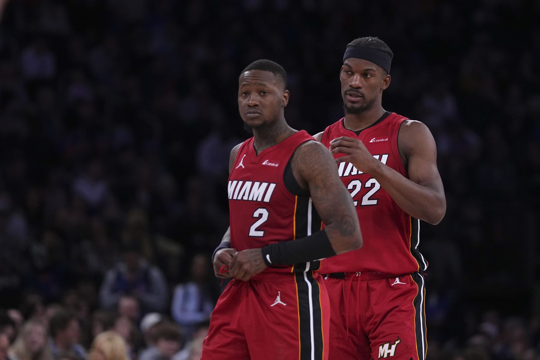 NEW YORK, NEW YORK - JANUARY 27: Terry Rozier #2 and Jimmy Butler #22 of the Miami Heat look on against the New York Knicks at Madison Square Garden on January 27, 2024 in New York City. NOTE TO USER: User expressly acknowledges and agrees that, by downloading and or using this photograph, User is consenting to the terms and conditions of the Getty Images License Agreement. (Photo by Mitchell Leff/Getty Images)