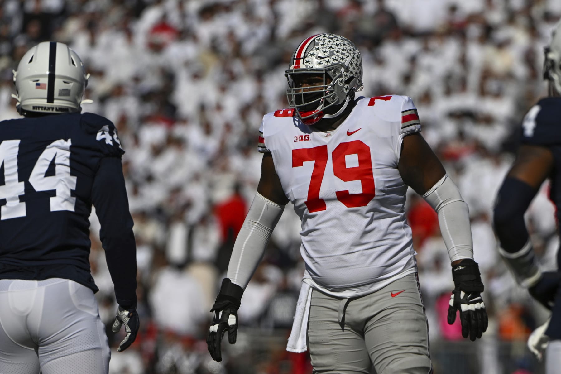 Ohio State offensive lineman Dawand Jones (79) lines up against Penn State during the first half of an NCAA college football game, Saturday, Oct. 29, 2022, in State College, Pa. (AP Photo/Barry Reeger)