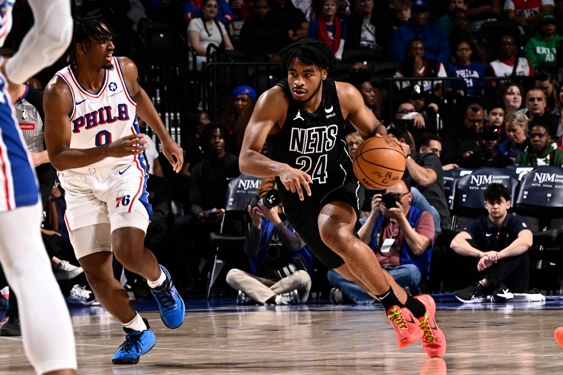 PHILADELPHIA, PA - APRIL 14: Cam Thomas #24 of the Brooklyn Nets handles the ball during the game against the Philadelphia 76ers on April 14, 2024 at the Wells Fargo Center in Philadelphia, Pennsylvania NOTE TO USER: User expressly acknowledges and agrees that, by downloading and/or using this Photograph, user is consenting to the terms and conditions of the Getty Images License Agreement. Mandatory Copyright Notice: Copyright 2024 NBAE (Photo by David Dow/NBAE via Getty Images)