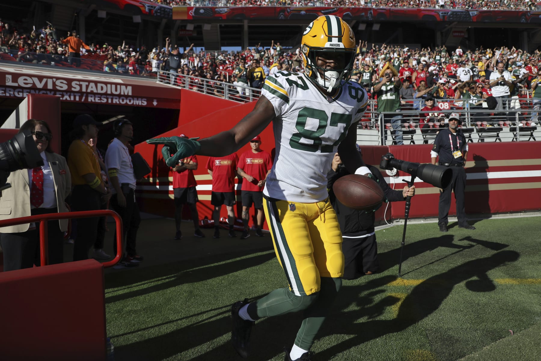 Green Bay Packers wide receiver Romeo Doubs (87) reacts after scoring a TD in the first half during an NFL preseason football game against the San Francisco 49ers, Friday, Aug. 12, 2022, in Santa Clara, Calif. (AP Photo/Scot Tucker)