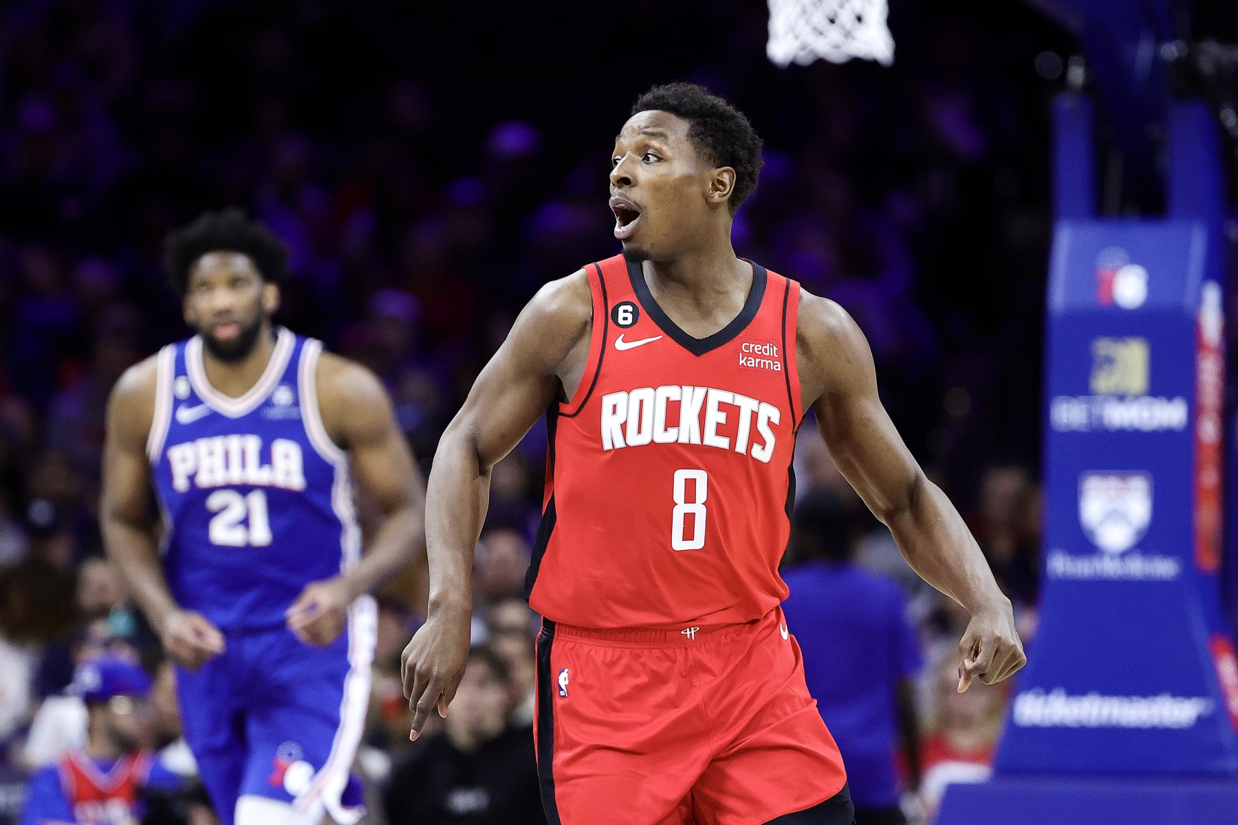 PHILADELPHIA, PENNSYLVANIA - FEBRUARY 13: Jae'Sean Tate #8 of the Houston Rockets reacts during the second quarter against the Philadelphia 76ers at Wells Fargo Center on February 13, 2023 in Philadelphia, Pennsylvania. NOTE TO USER: User expressly acknowledges and agrees that, by downloading and or using this photograph, User is consenting to the terms and conditions of the Getty Images License Agreement. (Photo by Tim Nwachukwu/Getty Images)