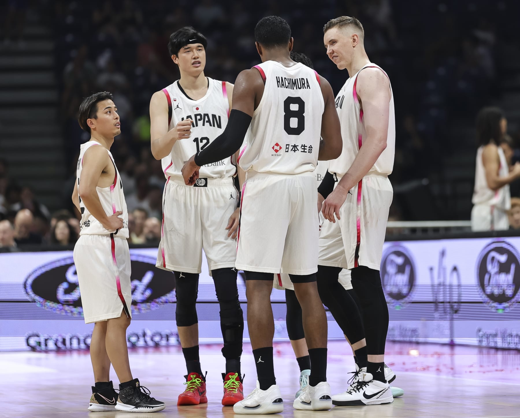 BELGRADE, SERBIA - JULY 21: (L-R) Yuki Togashi, Yuta Watanabe, Rui Hachimura and Josh Hawkinson of Japan during the International Friendly basketball match between Serbia and Japan at Belgrade Arena on July 21, 2024 in Belgrade, Serbia. (Photo by Srdjan Stevanovic/Getty Images)