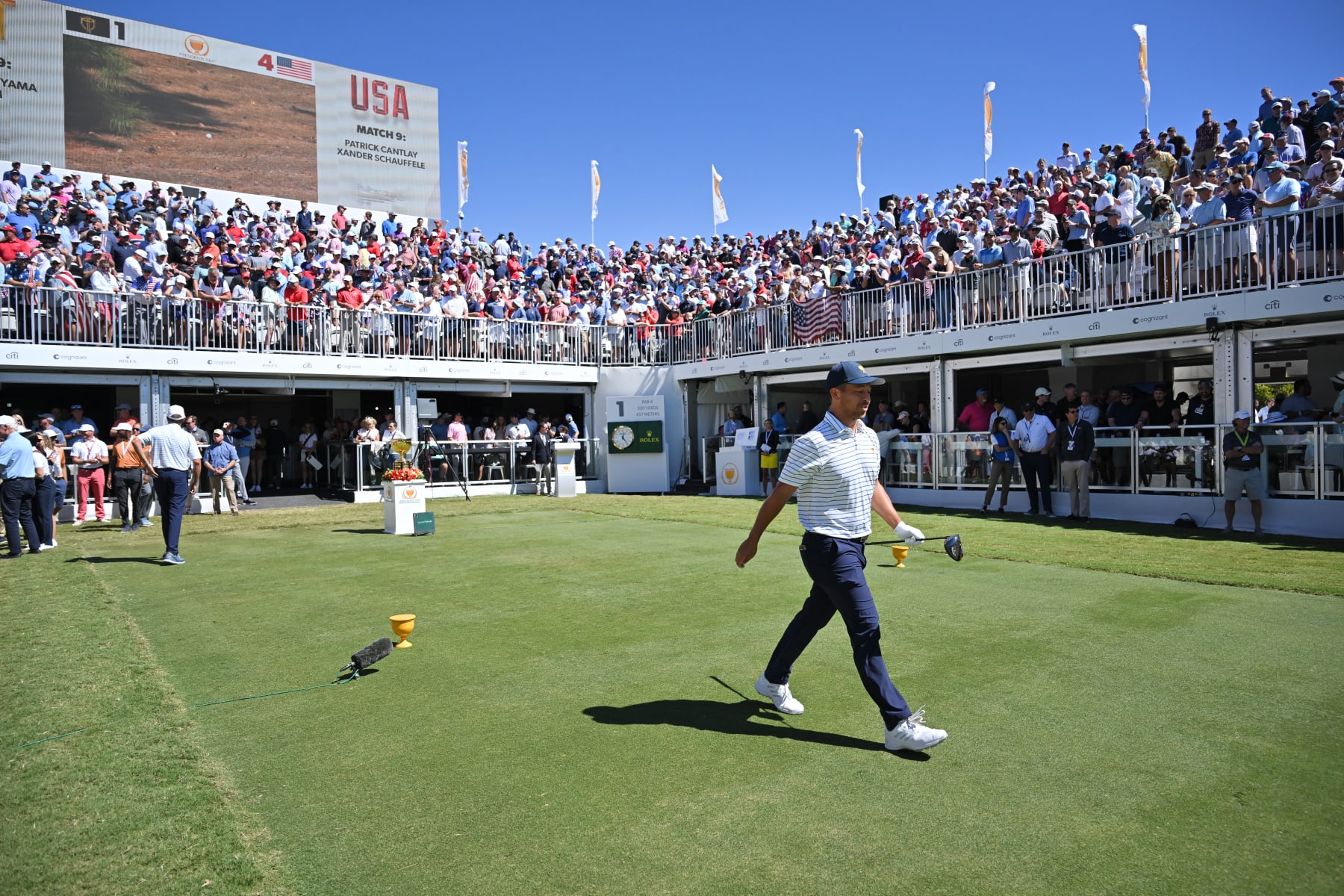 CHARLOTTE, NORTH CAROLINA - SEPTEMBER 23: Xander Schauffele of the United States Team walks from the first tee during the second round of Presidents Cup at Quail Hollow September 23, 2022, in Charlotte, North Carolina. (Photo by Ben Jared/PGA TOUR via Getty Images)