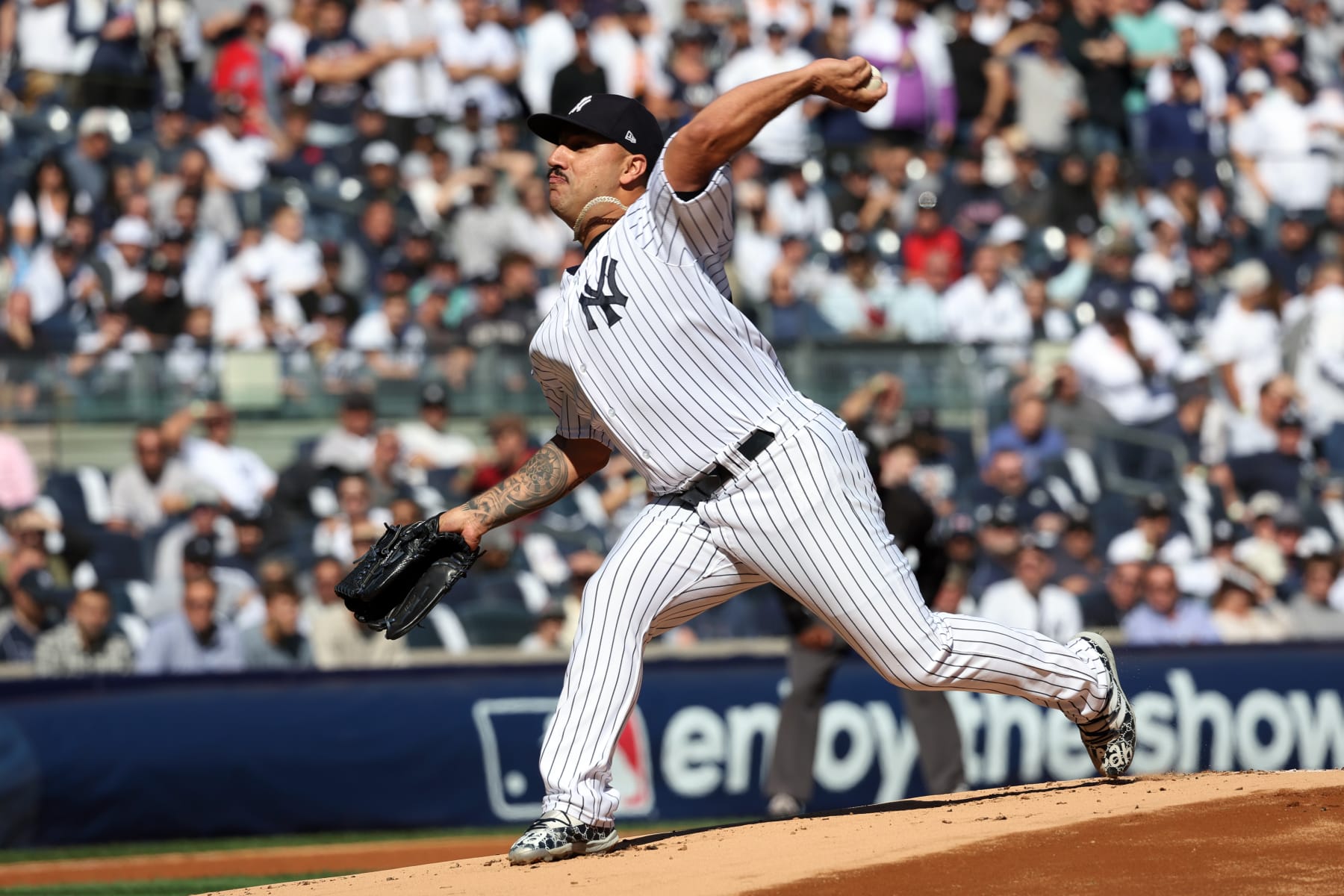 NEW YORK, NY - OCTOBER 14:  Nestor Cortes #65 of the New York Yankees pitches in the first inning during the game between the Cleveland Guardians and the New York Yankees at Yankee Stadium on Friday, October 14, 2022 in New York, New York. (Photo by Mary DeCicco/MLB Photos via Getty Images)