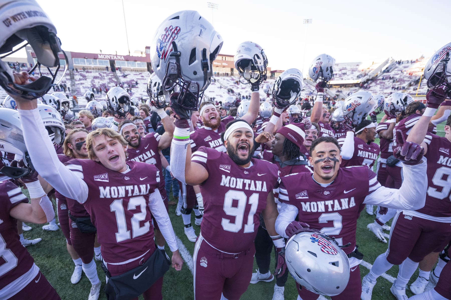 MISSOULA, MONTANA - NOVEMBER 12: The Montana Grizzlies celebrate a win after the game against the Eastern Washington Eagles at Washington-Grizzly Stadium on November 12, 2022 in Missoula, Montana. (Photo by Tommy Martino/University of Montana/Getty Images)