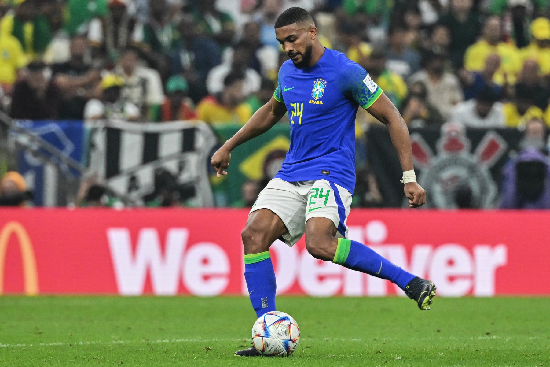 Brazil's defender #24 Bremer is seen during the Qatar 2022 World Cup Group G football match between Cameroon and Brazil at the Lusail Stadium in Lusail, north of Doha on December 2, 2022. - TO GO WITH AFP STORY BY RODRIGO ALMONACID (Photo by NELSON ALMEIDA / AFP) / TO GO WITH AFP STORY BY RODRIGO ALMONACID (Photo by NELSON ALMEIDA/AFP via Getty Images)