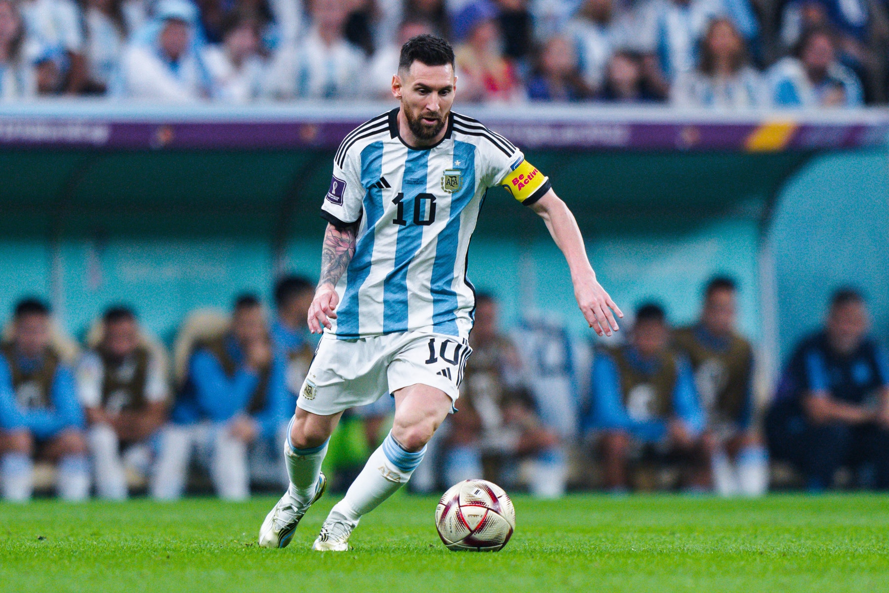 LUSAIL, QATAR  - DECEMBER 13:  Lionel Messi during the Semifinal match of the 2022 FIFA World Cup in Qatar between Croatia and Argentina on December 13, 2022, at Lusail Iconic Stadium in Lusail, Qatar. (Photo by Richard Gordon/Icon Sportswire via Getty Images)