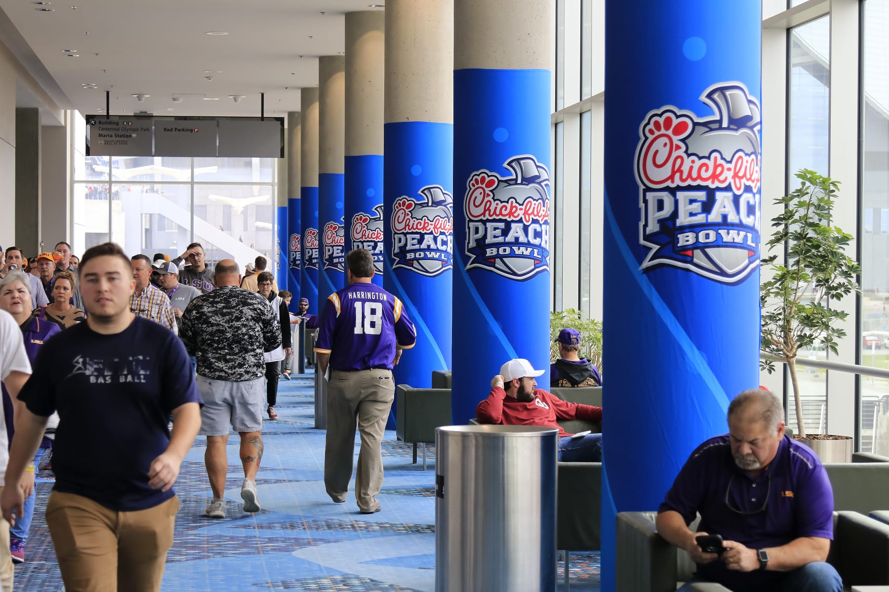 ATLANTA, GA - DECEMBER 28: Signage and logos around the Peach Bowl game between the LSU Tigers and the Oklahoma Sooners on December 28, 2019 at the Mercedes-Benz Stadium in Atlanta, Georgia.  (Photo by David J. Griffin/Icon Sportswire via Getty Images)