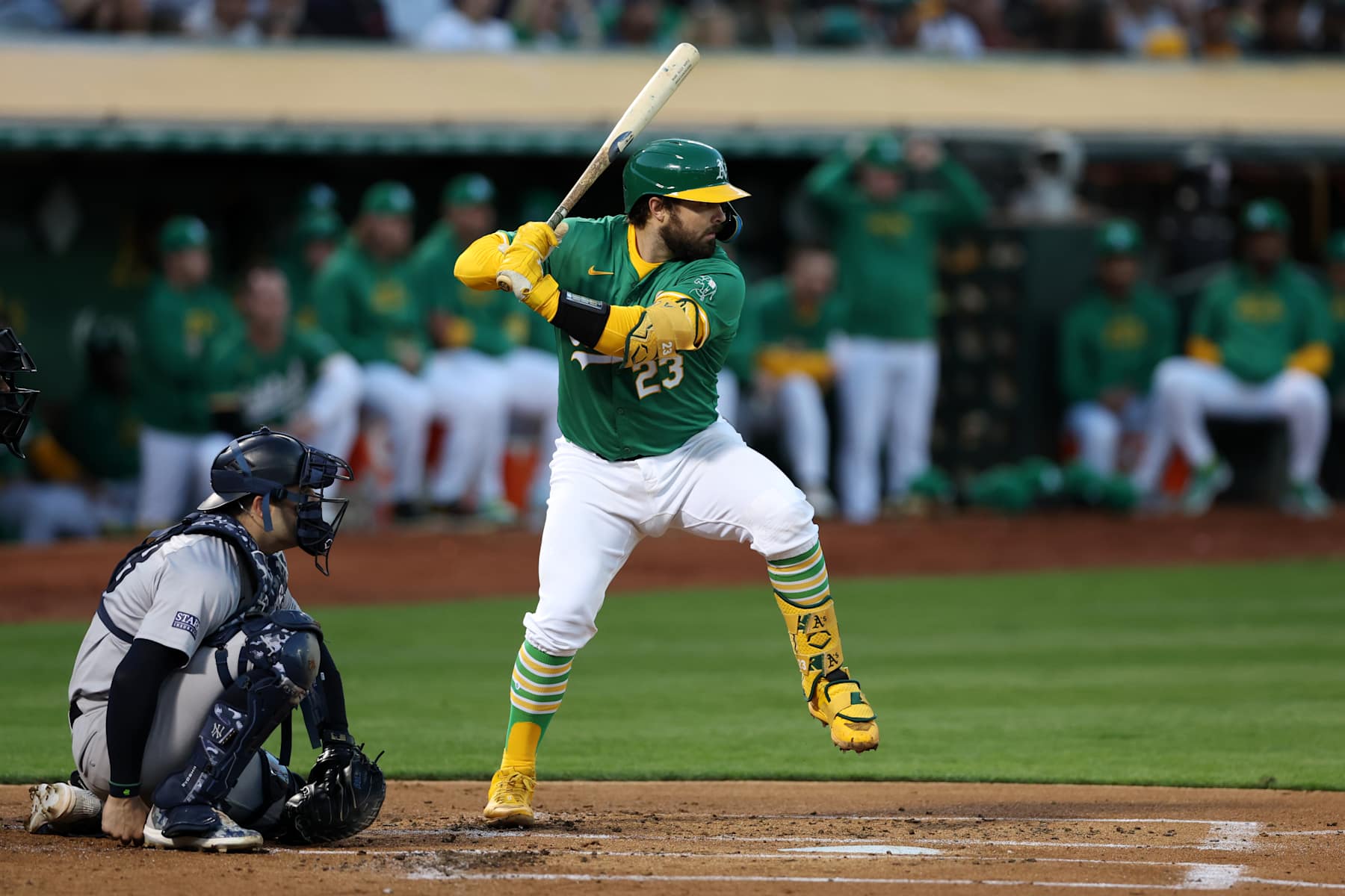 OAKLAND, CA - SEPTEMBER 20: Shea Langeliers #23 of the Oakland Athletics bats during the game against the New York Yankees at the Oakland Coliseum on September 20, 2024 in Oakland California. The Yankees defeated the Athletics 4-2. (Photo by Rob Leiter/MLB Photos via Getty Images)