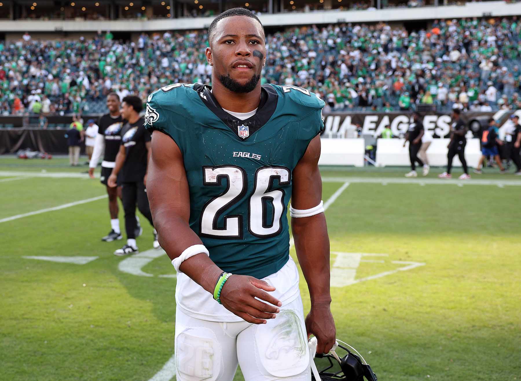 PHILADELPHIA, PENNSYLVANIA - OCTOBER 13: Saquon Barkley #26 of the Philadelphia Eagles looks on after their 20-16 win over the Cleveland Browns at Lincoln Financial Field on October 13, 2024 in Philadelphia, Pennsylvania. (Photo by Elsa/Getty Images)