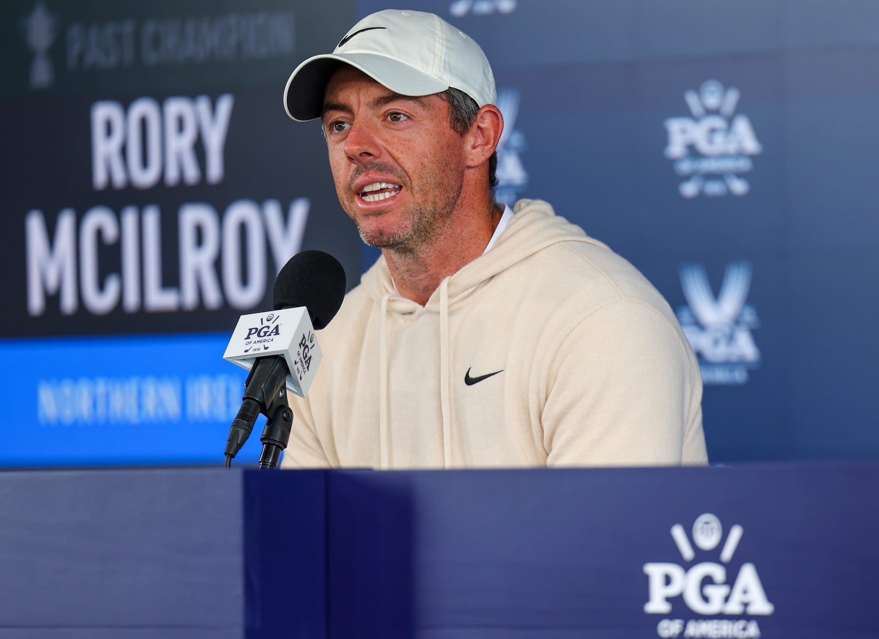 LOUISVILLE, KENTUCKY - MAY 15: Rory McIlroy of Northern Ireland speaks to the media during a practice round prior to the 2024 PGA Championship at Valhalla Golf Club on May 15, 2024 in Louisville, Kentucky. (Photo by Andrew Redington/Getty Images)