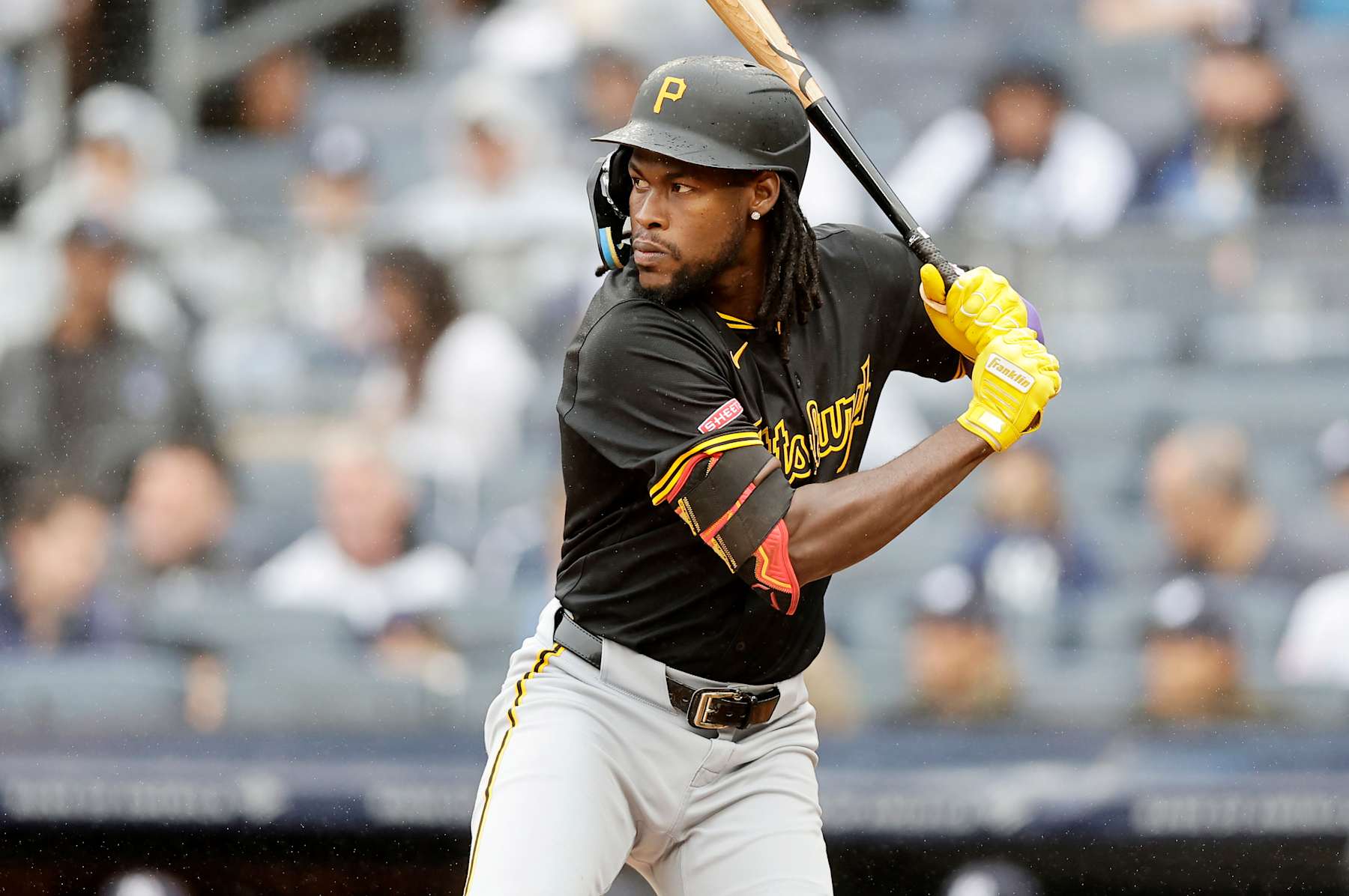 NEW YORK, NEW YORK - SEPTEMBER 28: (NEW YORK DAILIES OUT)  Oneil Cruz #15 of the Pittsburgh Pirates in action against the New York Yankees at Yankee Stadium on September 28, 2024 in New York City. The Pirates defeated the Yankees 9-4. (Photo by Jim McIsaac/Getty Images)