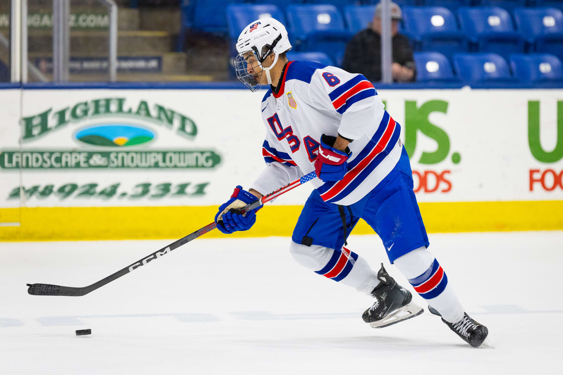 PLYMOUTH, MI - FEBRUARY 7: EJ Emery #6 of Team USA skates with the puck during U18 Five Nations Tournament between Team Finland and Team USA at USA Hockey Arena on February 7, 2024 in Plymouth, Michigan. (Photo by Michael Miller/ISI Photos/Getty Images)