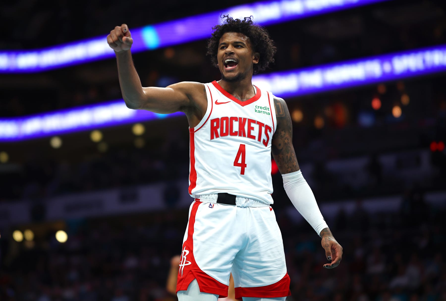 CHARLOTTE, NORTH CAROLINA - JANUARY 26: Jalen Green #4 of the Houston Rockets reacts after scoring a basket and a foul during the second quarter of the game against the Charlotte Hornets at Spectrum Center on January 26, 2024 in Charlotte, North Carolina. NOTE TO USER: User expressly acknowledges and agrees that, by downloading and or using this photograph, User is consenting to the terms and conditions of the Getty Images License Agreement. (Photo by Jared C. Tilton/Getty Images)