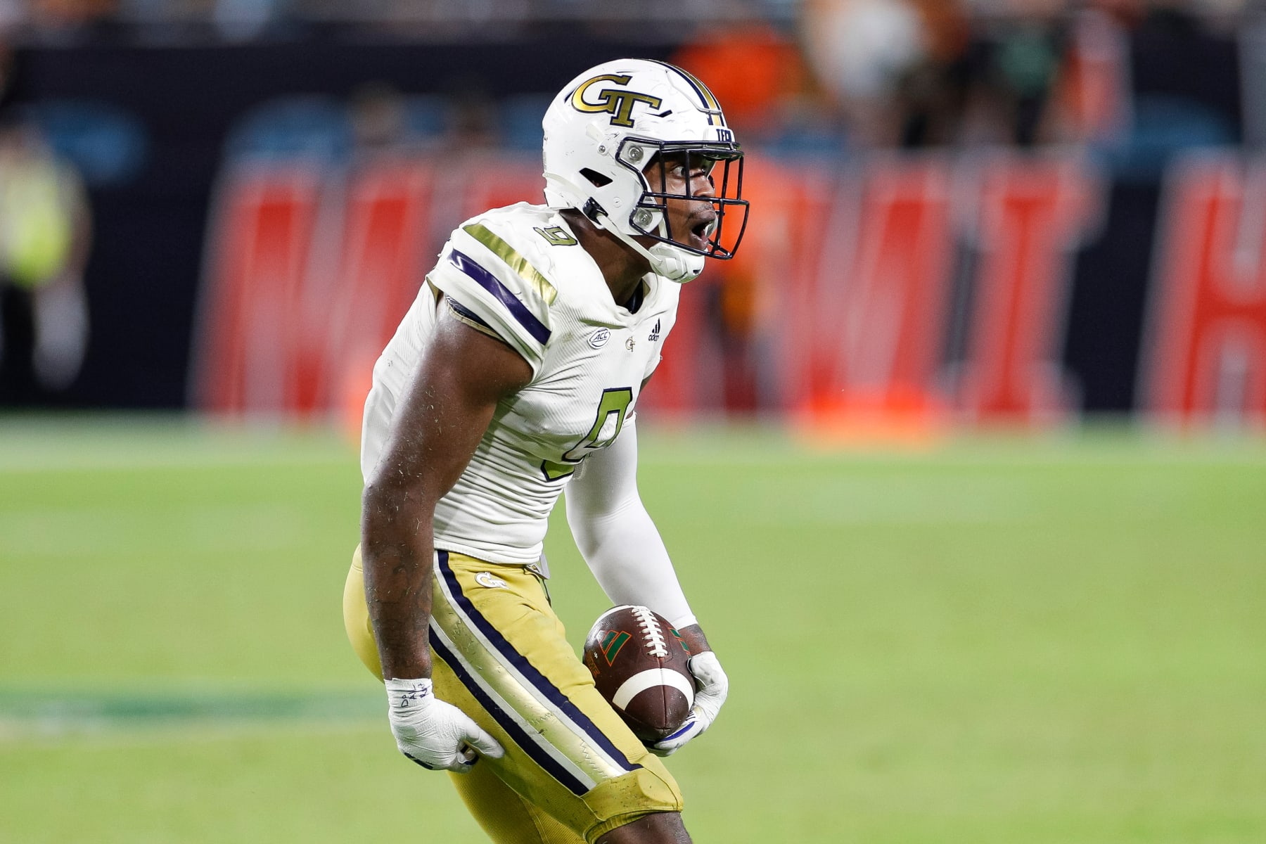 MIAMI GARDENS, FLORIDA - OCTOBER 7: Kyle Kennard #9 of the Georgia Tech Yellow Jackets reacts after a fumble recovery against the Miami Hurricanes in the second half at Hard Rock Stadium on October 7, 2023 in Miami Gardens, Florida. (Photo by Brandon Sloter/Image Of Sport/Getty Images)