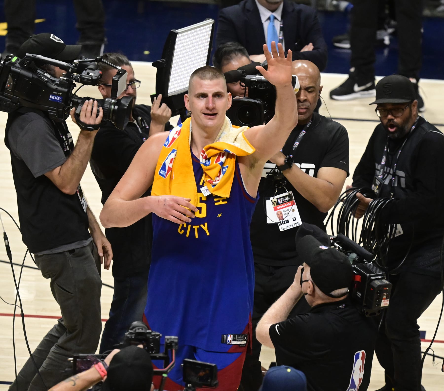 DENVER, CO - JUNE 01: Nikola Jokic (15) of the Denver Nuggets waves to family after defeating the Miami Heat 104-93 winning game one of the NBA Finals at Ball Arena June 01, 2023. (Photo by Andy Cross/MediaNews Group/The Denver Post via Getty Images)