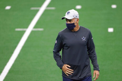 Dallas Cowboys defensive coordinator Mike Nolan stands on the field before an NFL football game against the New York Giants in Arlington, Texas, Sunday, Oct. 11, 2020. (AP Photo/Ron Jenkins)