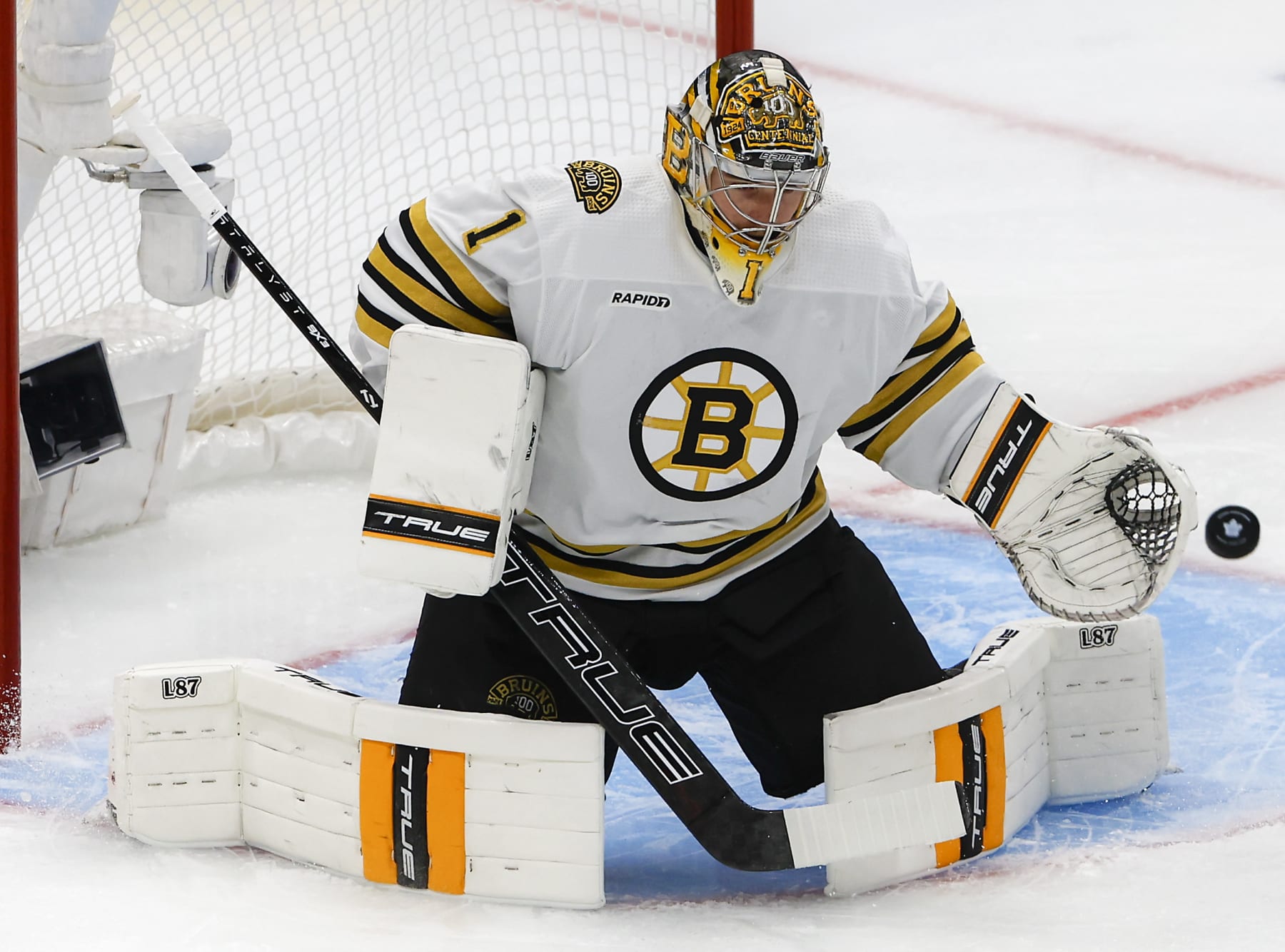 Toronto, ON - April 24: Boston Bruins goaltender Jeremy Swayman makes a save against the Toronto Maple Leafs in the first period. (Photo by Matthew J. Lee/The Boston Globe via Getty Images)