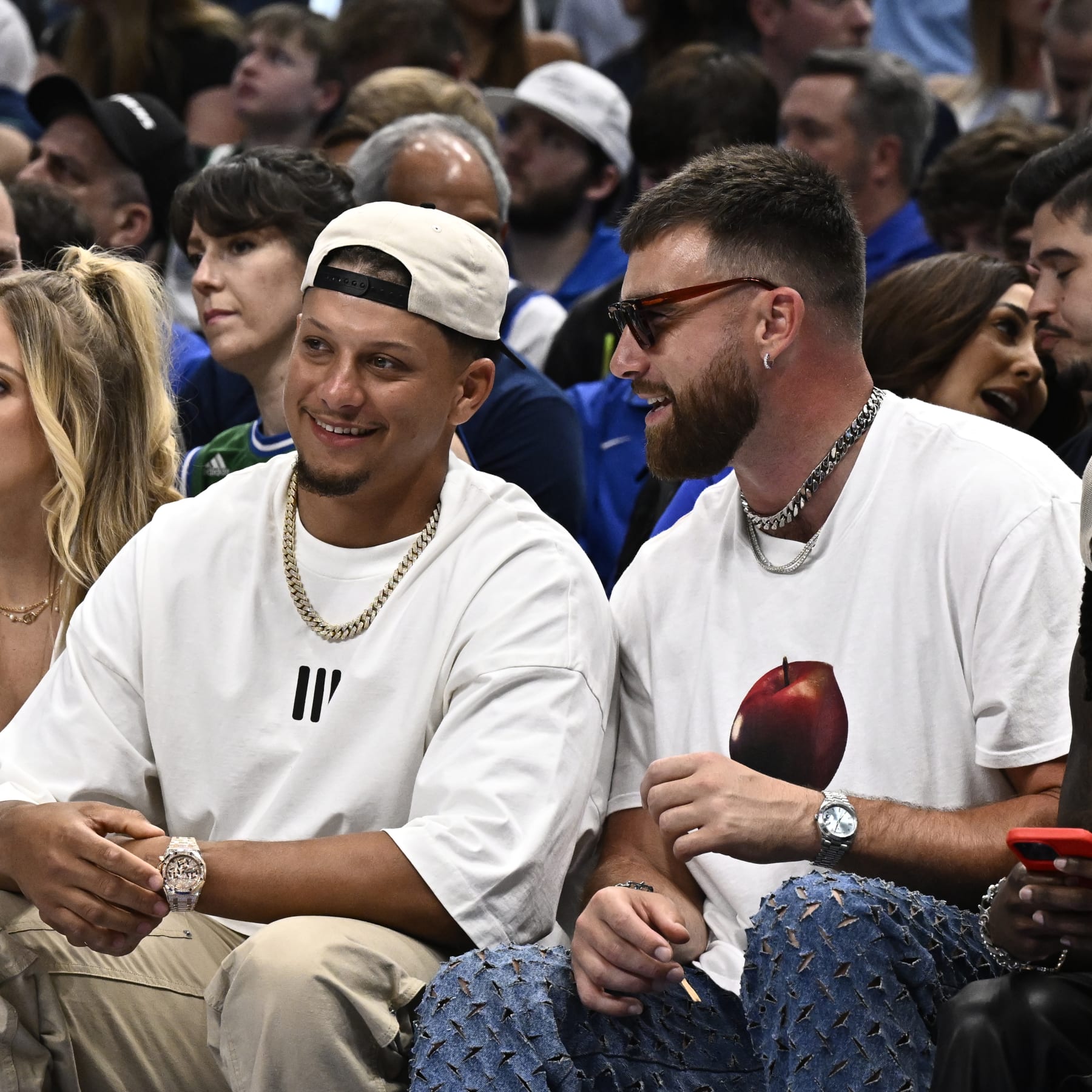 DALLAS, TX - MAY 26: Patrick Mahomes and Travis Kelce sit court side during the game between the Minnesota Timberwolves and the Dallas Mavericks during Game 3 of the Western Conference Finals of the 2024 NBA Playoffs on May 26, 2024 at the American Airlines Center in Dallas, Texas. NOTE TO USER: User expressly acknowledges and agrees that, by downloading and or using this photograph, User is consenting to the terms and conditions of the Getty Images License Agreement. Mandatory Copyright Notice: Copyright 2024 NBAE (Photo by David Dow/NBAE via Getty Images)