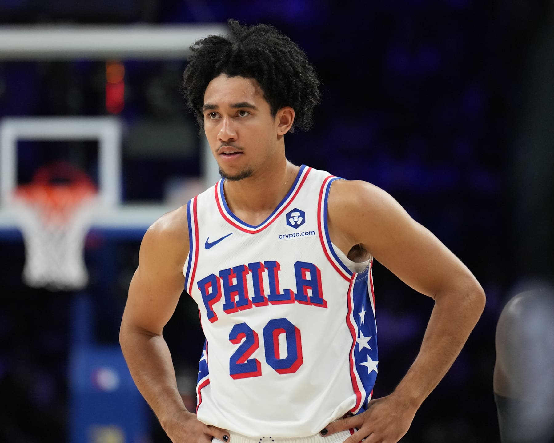 PHILADELPHIA, PA - OCTOBER 16: Jared McCain #20 of the Philadelphia 76ers looks on during the game against the Brooklyn Nets during a NBA preseason game on October 16, 2024 at the Wells Fargo Center in Philadelphia, Pennsylvania NOTE TO USER: User expressly acknowledges and agrees that, by downloading and/or using this Photograph, user is consenting to the terms and conditions of the Getty Images License Agreement. Mandatory Copyright Notice: Copyright 2024 NBAE (Photo by Jesse D. Garrabrant/NBAE via Getty Images)