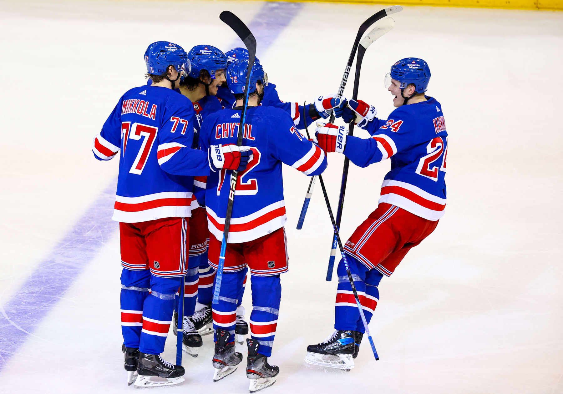 NEW YORK, NY - APRIL 29: The New York Rangers celebrate a goal during the third period of Game 6 of the National Hockey League Eastern Conference First Round between the New Jersey Devils and the New York Rangers on April 29, 2023 at Madison Square Garden in New York, NY. (Photo by Joshua Sarner/Icon Sportswire via Getty Images)