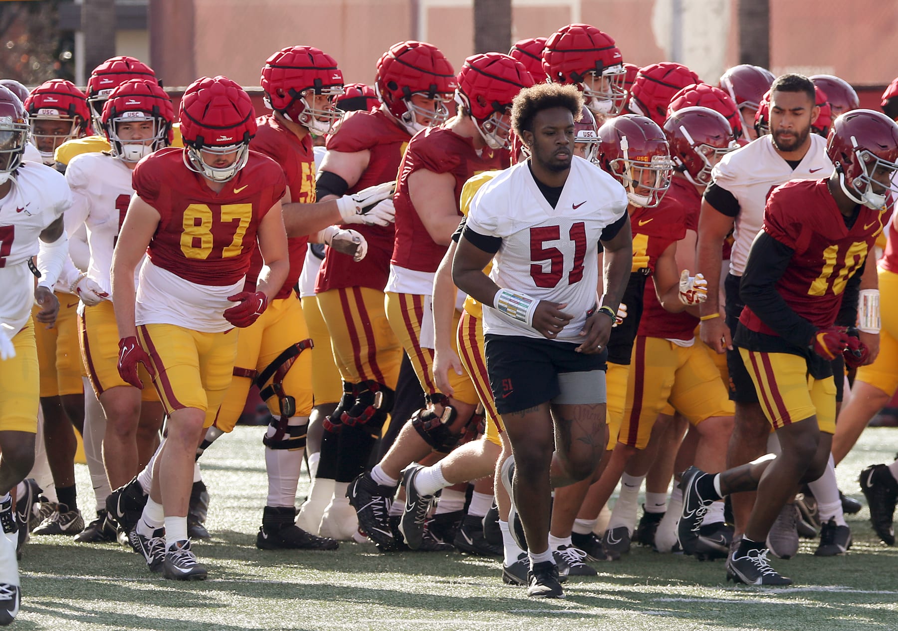 LOS ANGELES, CALIF. - MAR. 8, 2023. The USC Trojans football team assembles for a spring practice session at Howard Jones Field on Wednesday, Mar. 8, 2023. (Luis Sinco / Los Angeles Times via Getty Images)