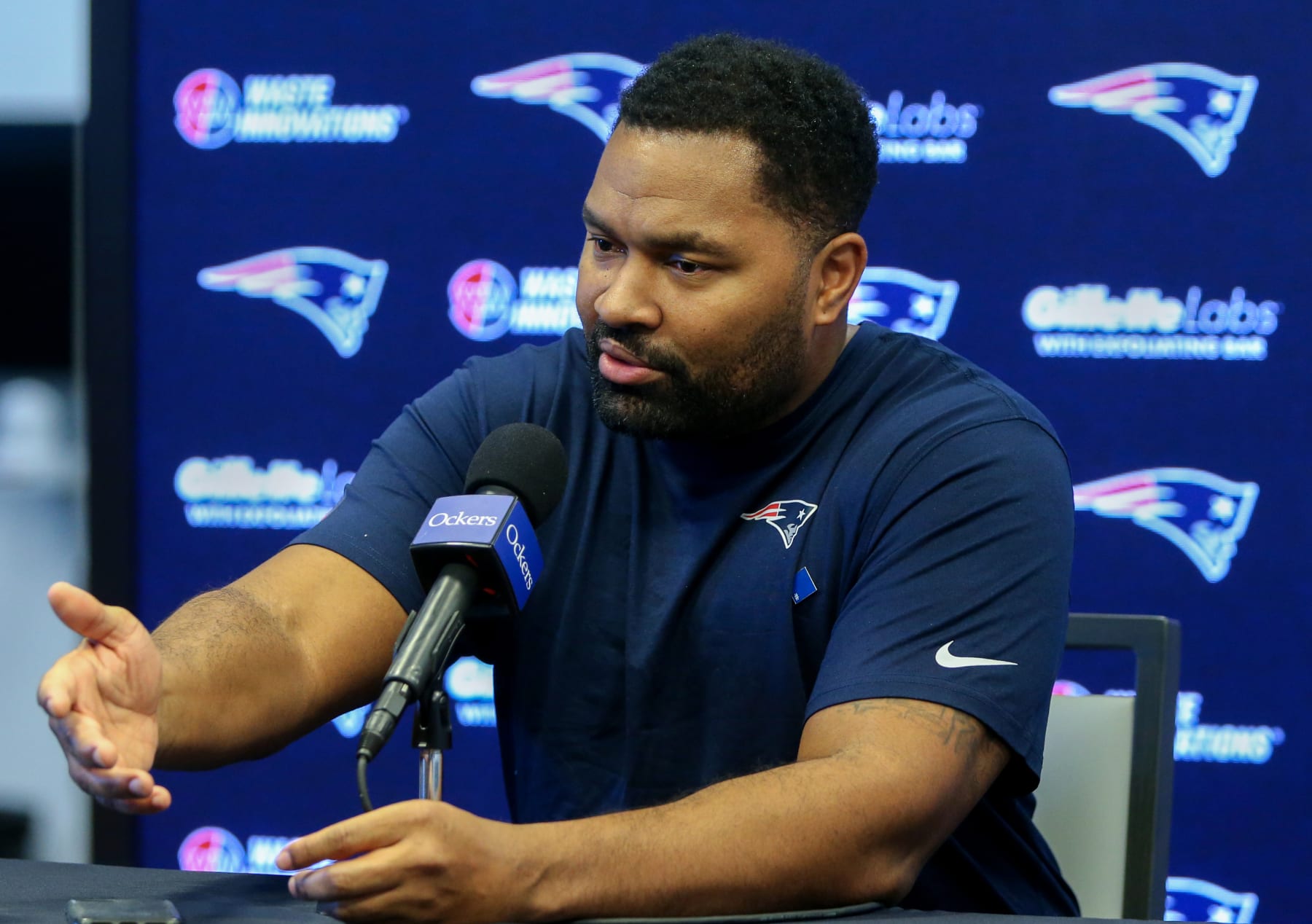 Foxborough, MA - February 21: New England Patriots head coach Jerod Mayo speaks at an off-season press conference. (Photo by Jonathan Wiggs/The Boston Globe via Getty Images)