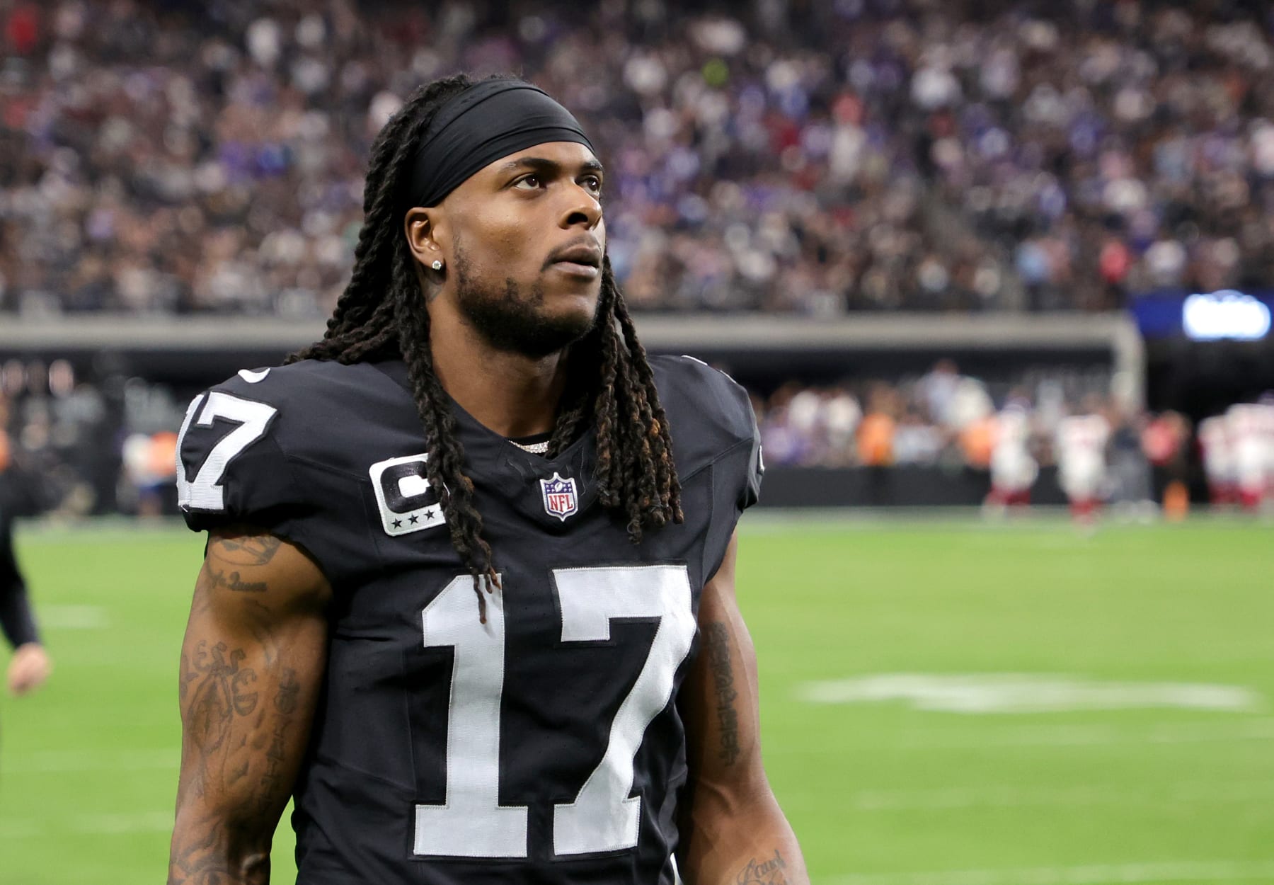 LAS VEGAS, NEVADA - NOVEMBER 05: Wide receiver Davante Adams #17 of the Las Vegas Raiders walks off the field at halftime of a game against the New York Giants at Allegiant Stadium on November 05, 2023 in Las Vegas, Nevada. The Raiders defeated the Giants 30-6. (Photo by Ethan Miller/Getty Images)