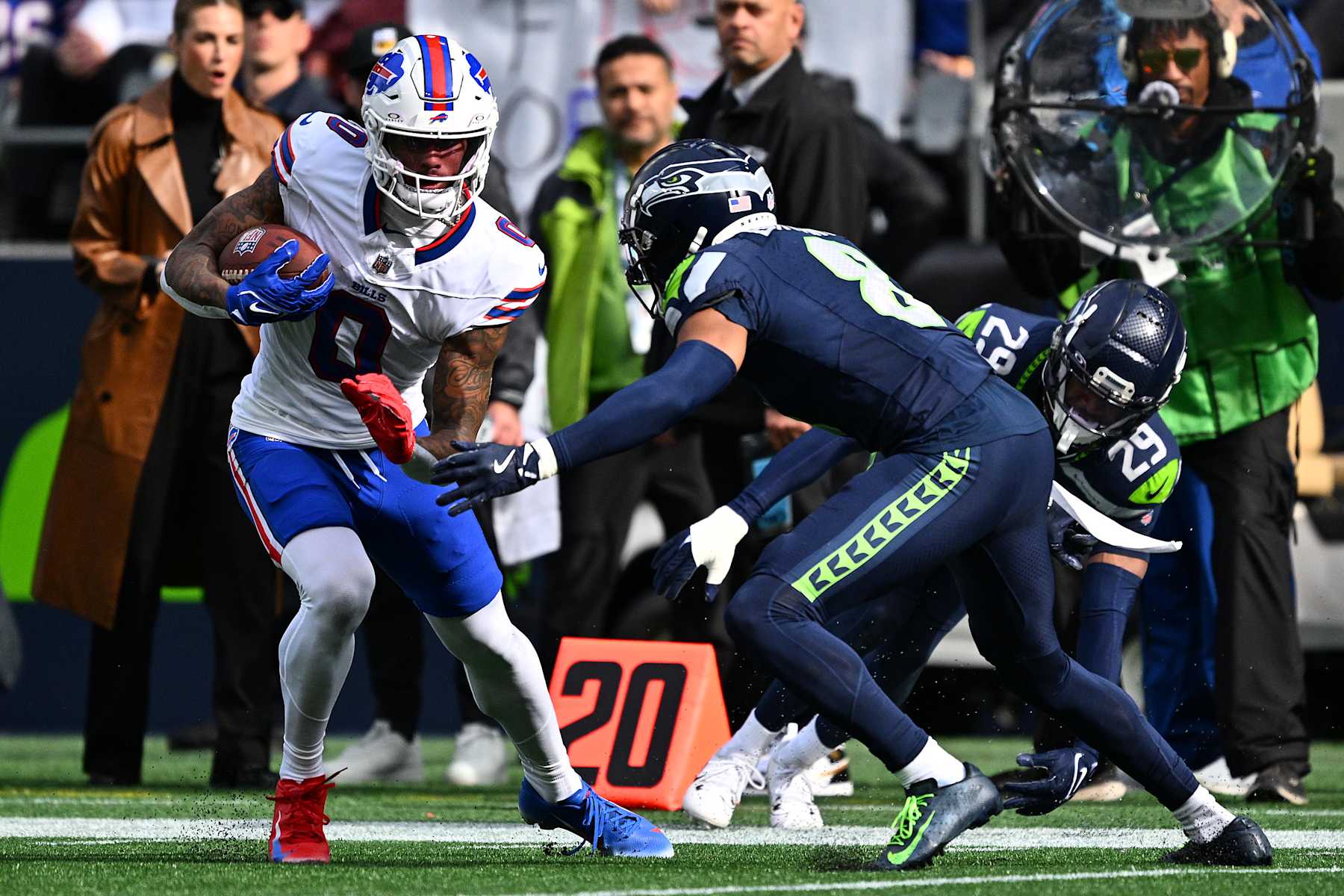 SEATTLE, WASHINGTON - OCTOBER 27: Keon Coleman #0 of the Buffalo Bills runs after catching a pass during the first quarter against the Seattle Seahawks at Lumen Field on October 27, 2024 in Seattle, Washington. (Photo by Jane Gershovich/Getty Images)