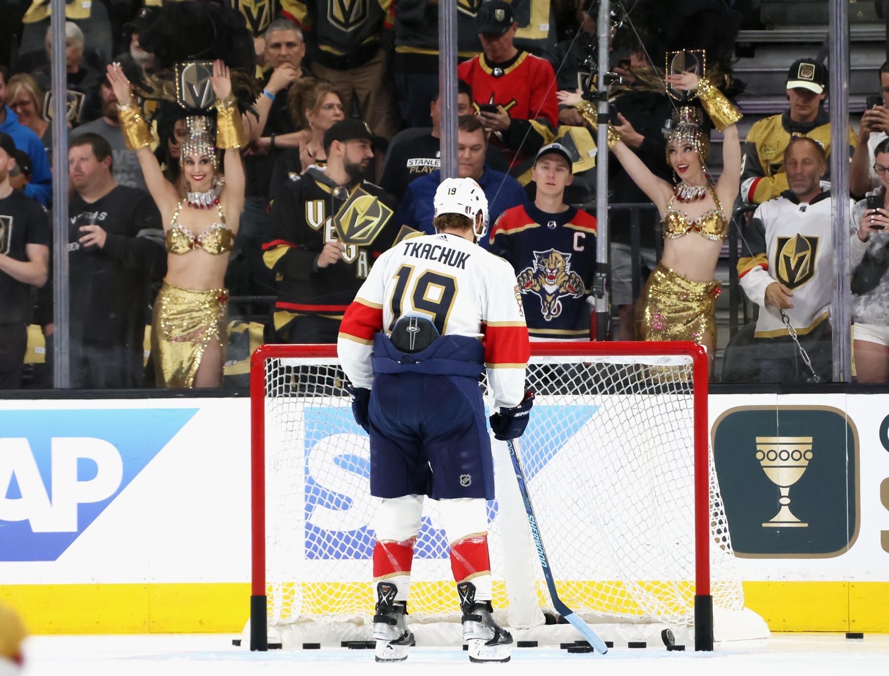 LAS VEGAS, NEVADA - JUNE 05: Matthew Tkachuk #19 of the Florida Panthers faces the Vegas Golden Knights "wall of distraction" prior to Game Two of the 2023 NHL Stanley Cup Final at T-Mobile Arena on June 05, 2023 in Las Vegas, Nevada. (Photo by Bruce Bennett/Getty Images)