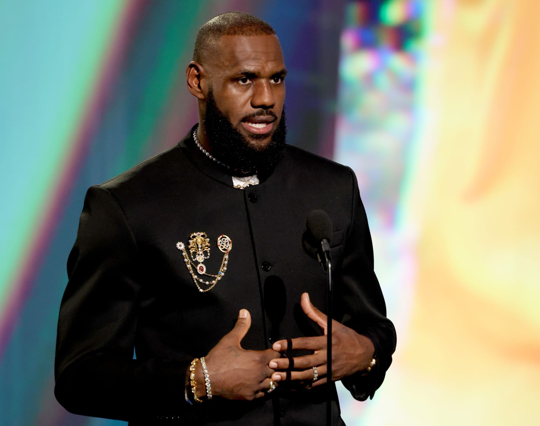 HOLLYWOOD, CALIFORNIA - JULY 12: (L-R) LeBron James, winner of Best Record-Breaking Performance, speaks onstage during The 2023 ESPY Awards at Dolby Theatre on July 12, 2023 in Hollywood, California. (Photo by Kevin Mazur/Getty Images)