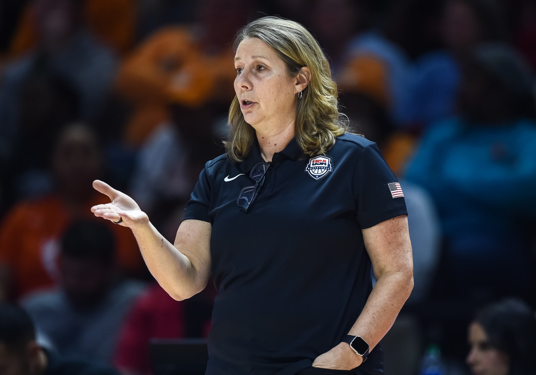 KNOXVILLE, TN - NOVEMBER 05: USA Basketball Women's National Team head coach Cheryl Reeve coaches during an exhibition game between the Tennessee Lady Vols and the USA Basketball Women's National Team on November 5, 2023, in Thompson-Boling Arena at Food City Center, in Knoxville, TN. (Photo by Bryan Lynn/Icon Sportswire via Getty Images)