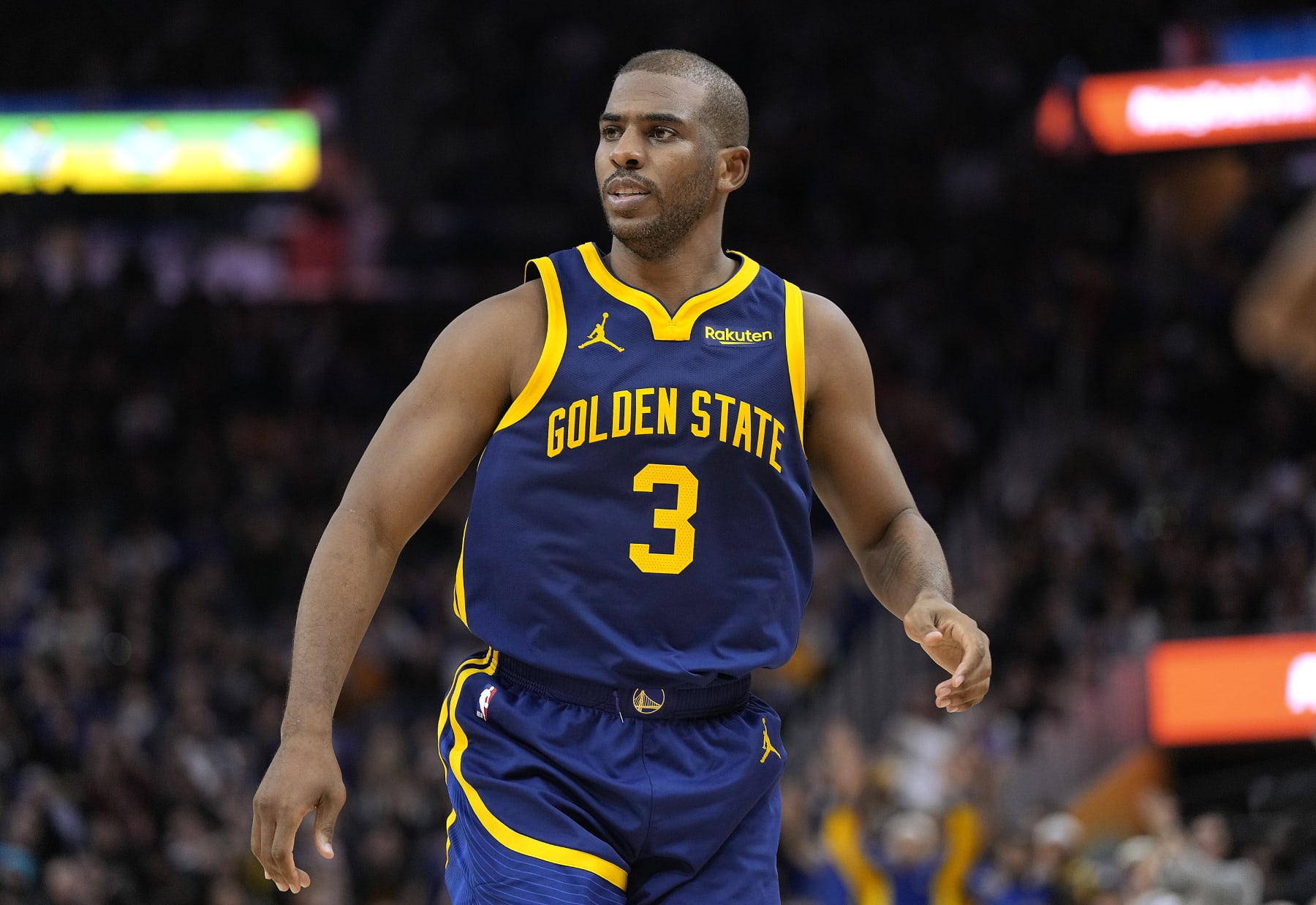 SAN FRANCISCO, CALIFORNIA - NOVEMBER 18: Chris Paul #3 of the Golden State Warriors looks on against the Oklahoma City Thunder during overtime of an NBA basketball game at Chase Center on November 18, 2023 in San Francisco, California. NOTE TO USER: User expressly acknowledges and agrees that, by downloading and or using this photograph, User is consenting to the terms and conditions of the Getty Images License Agreement. (Photo by Thearon W. Henderson/Getty Images)