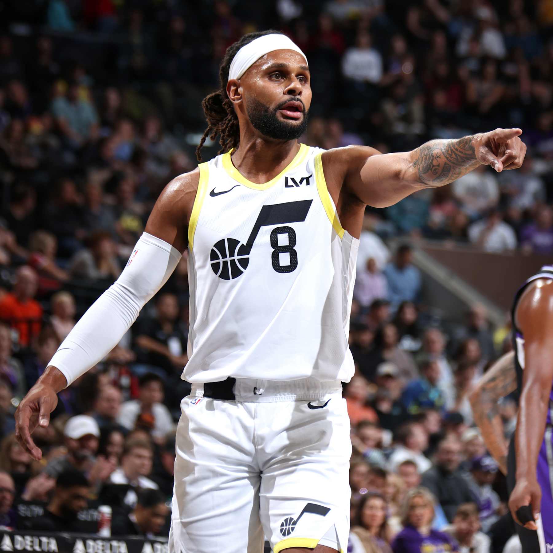 SALT LAKE CITY, UT - OCTOBER 15: Patty Mills #8 of the Utah Jazz looks on during the game against the Sacramento Kings on October 15, 2024 at Delta Center in Salt Lake City, Utah. NOTE TO USER: User expressly acknowledges and agrees that, by downloading and or using this Photograph, User is consenting to the terms and conditions of the Getty Images License Agreement. Mandatory Copyright Notice: Copyright 2024 NBAE (Photo by Melissa Majchrzak/NBAE via Getty Images)