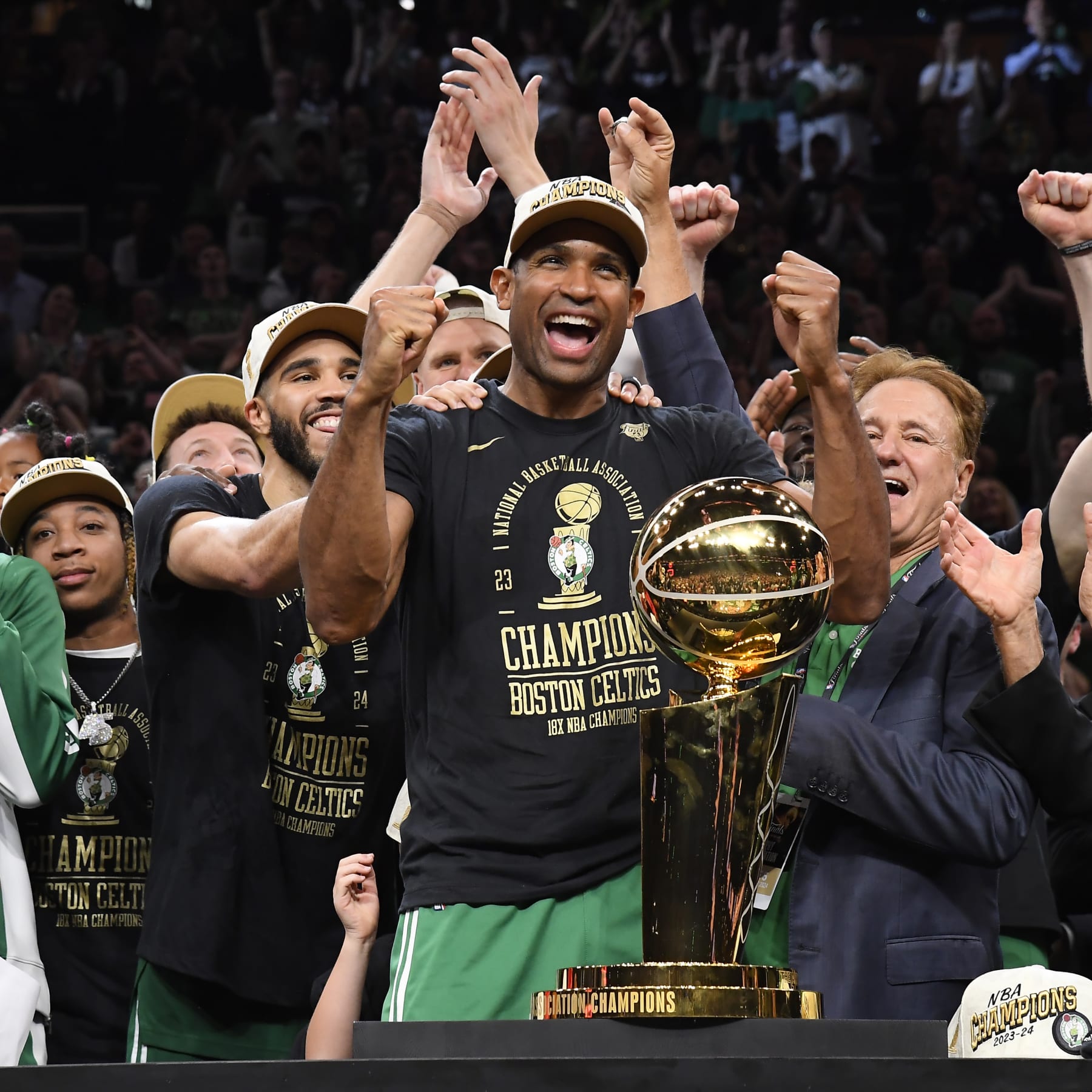 BOSTON, MA - JUNE 17: Al Horford #42 of the Boston Celtics of the Boston Celtics celebrates with the Larry O'Brien Trophy after the game against the Dallas Mavericks during Game 5 of the 2024 NBA Finals on June 17, 2024 at the TD Garden in Boston, Massachusetts. NOTE TO USER: User expressly acknowledges and agrees that, by downloading and or using this photograph, User is consenting to the terms and conditions of the Getty Images License Agreement. Mandatory Copyright Notice: Copyright 2024 NBAE  (Photo by Brian Babineau/NBAE via Getty Images)