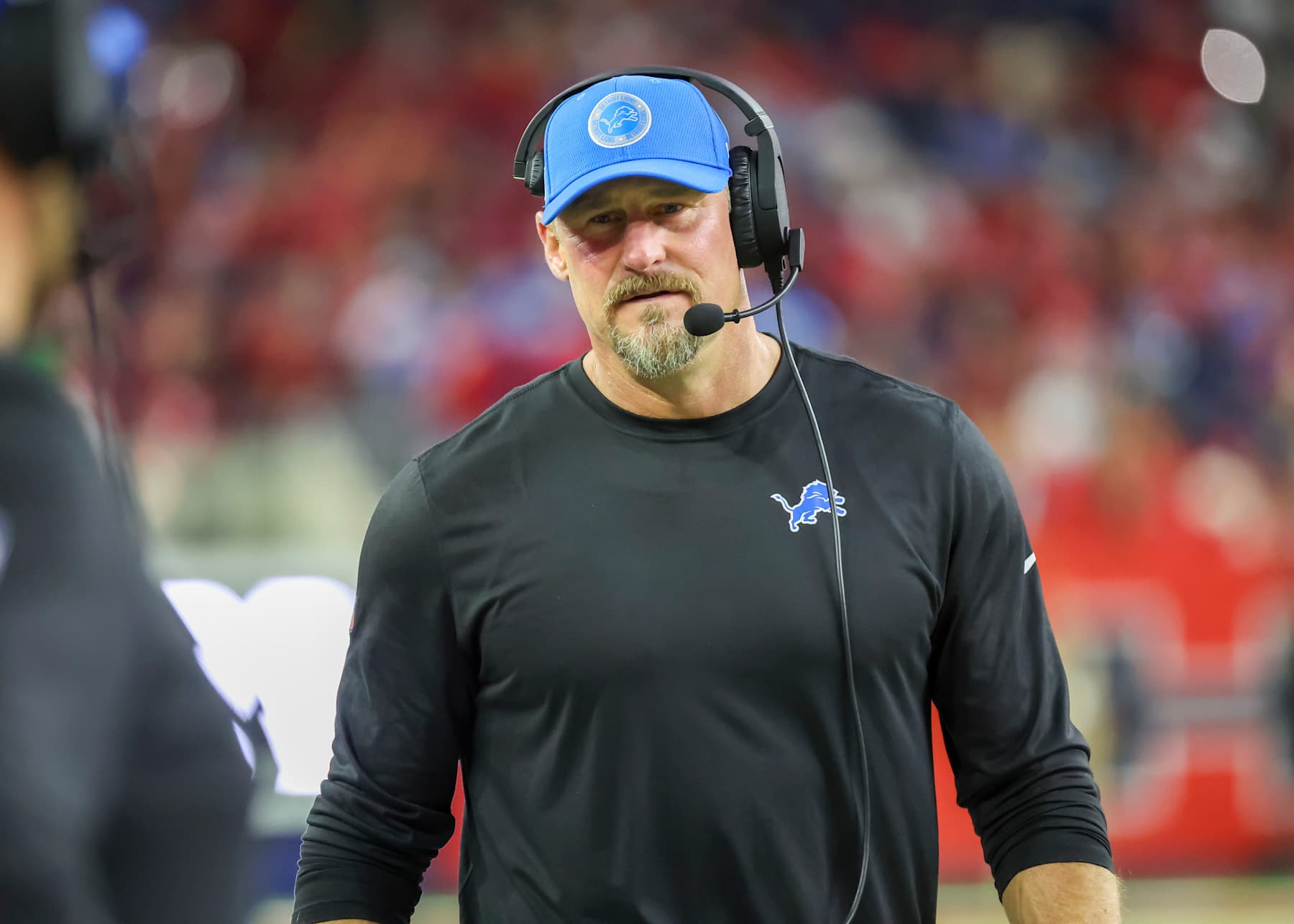 HOUSTON, TX - NOVEMBER 10:  Detroit Lions head coach Dan Campbell is on the visitors' sideline during the NFL game between the Detroit Lions and Houston Texans on November 10, 2024 at NRG Stadium in Houston, Texas.  (Photo by Leslie Plaza Johnson/Icon Sportswire via Getty Images)